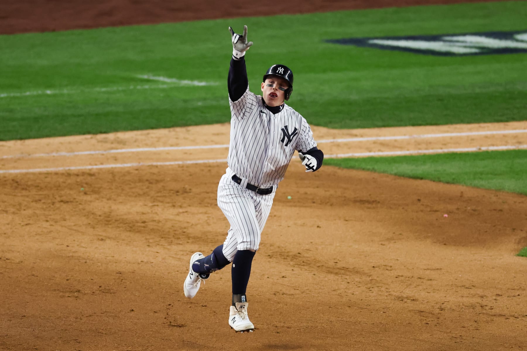 NEW YORK, NEW YORK - OCTOBER 23: Harrison Bader #22 of the New York Yankees celebrates his solo home run in the sixth inning against the Houston Astros in game four of the American League Championship Series at Yankee Stadium on October 23, 2022 in the Bronx borough of New York City. (Photo by Al Bello/Getty Images)