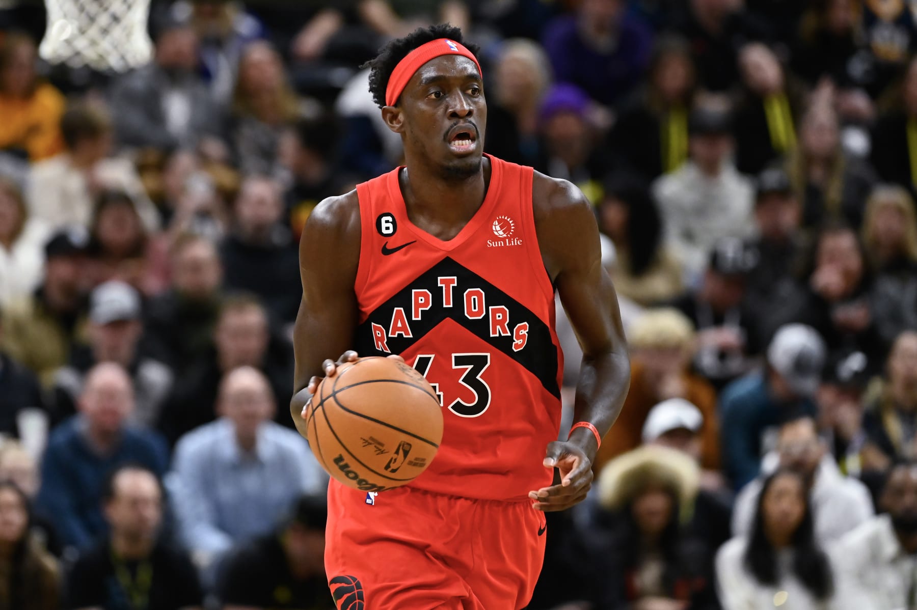 SALT LAKE CITY, UTAH - FEBRUARY 01: Pascal Siakam #43 of the Toronto Raptors in action during the first half of a game against the Utah Jazzat Vivint Arena on February 01, 2023 in Salt Lake City, Utah. NOTE TO USER: User expressly acknowledges and agrees that, by downloading and or using this photograph, User is consenting to the terms and conditions of the Getty Images License Agreement.  (Photo by Alex Goodlett/Getty Images)