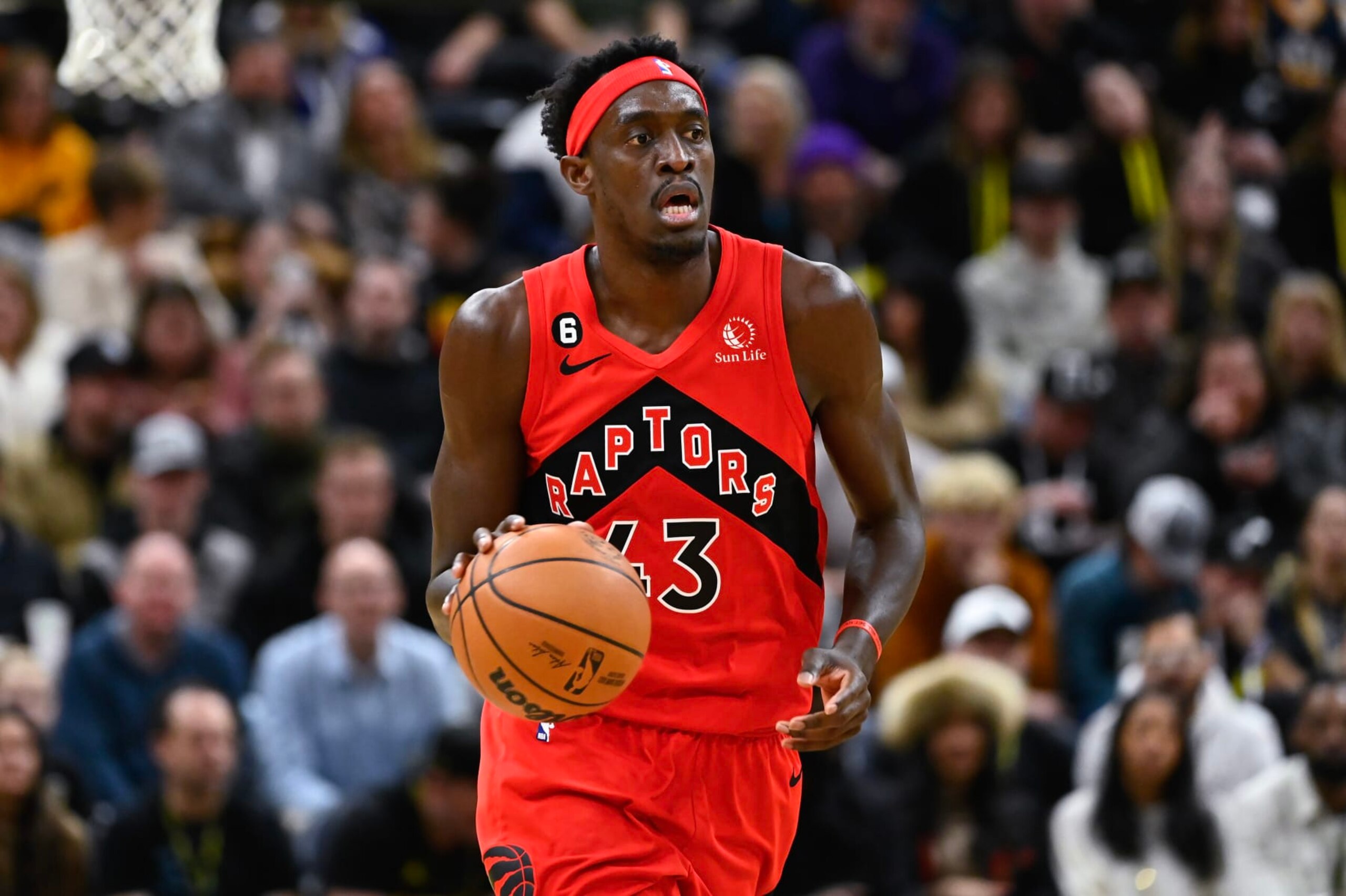 SALT LAKE CITY, UTAH - FEBRUARY 01: Pascal Siakam #43 of the Toronto Raptors in action during the first half of a game against the Utah Jazzat Vivint Arena on February 01, 2023 in Salt Lake City, Utah. NOTE TO USER: User expressly acknowledges and agrees that, by downloading and or using this photograph, User is consenting to the terms and conditions of the Getty Images License Agreement.  (Photo by Alex Goodlett/Getty Images)