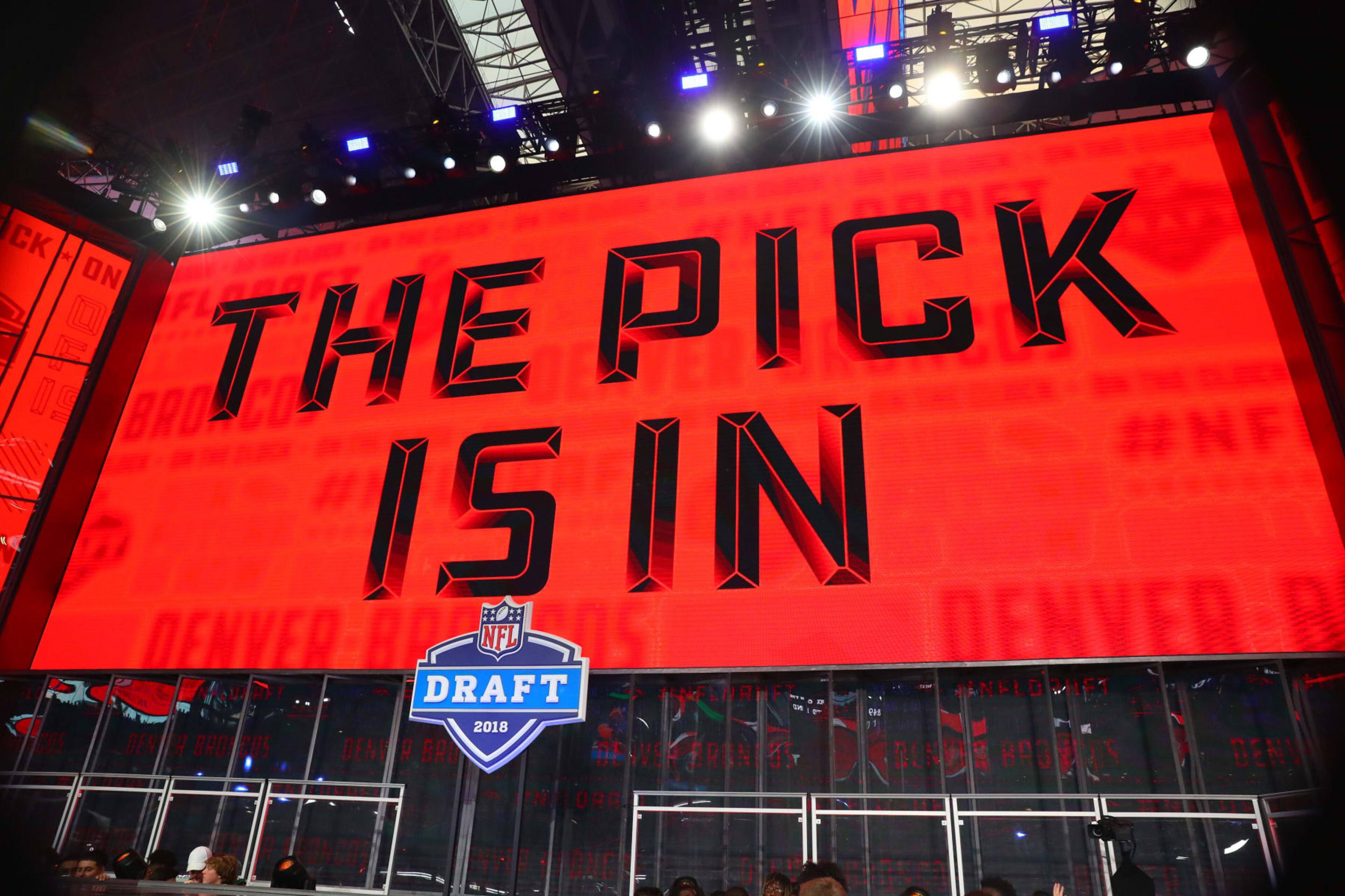 ARLINGTON, TX - APRIL 26: The Pick is In logo on the video board during the first round at the 2018 NFL Draft at AT&T Stadium on April 26, 2018 at AT&T Stadium in Arlington Texas. (Photo by Rich Graessle/Icon Sportswire via Getty Images) ARLINGTON, TX - APRIL 26: The Pick is In logo on the video board during the first round at the 2018 NFL Draft at AT&T Stadium on April 26, 2018 at AT&T Stadium in Arlington Texas. (Photo by Rich Graessle/Icon Sportswire via Getty Images)
