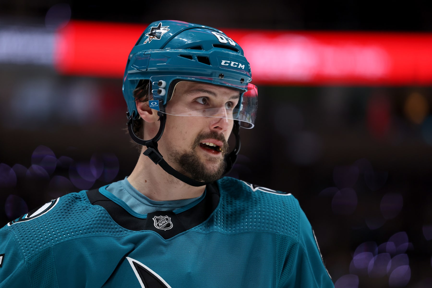 SAN JOSE, CALIFORNIA - JANUARY 18: Erik Karlsson #65 of the San Jose Sharks skates on the ice during their game against the Dallas Stars at SAP Center on January 18, 2023 in San Jose, California. (Photo by Ezra Shaw/Getty Images)