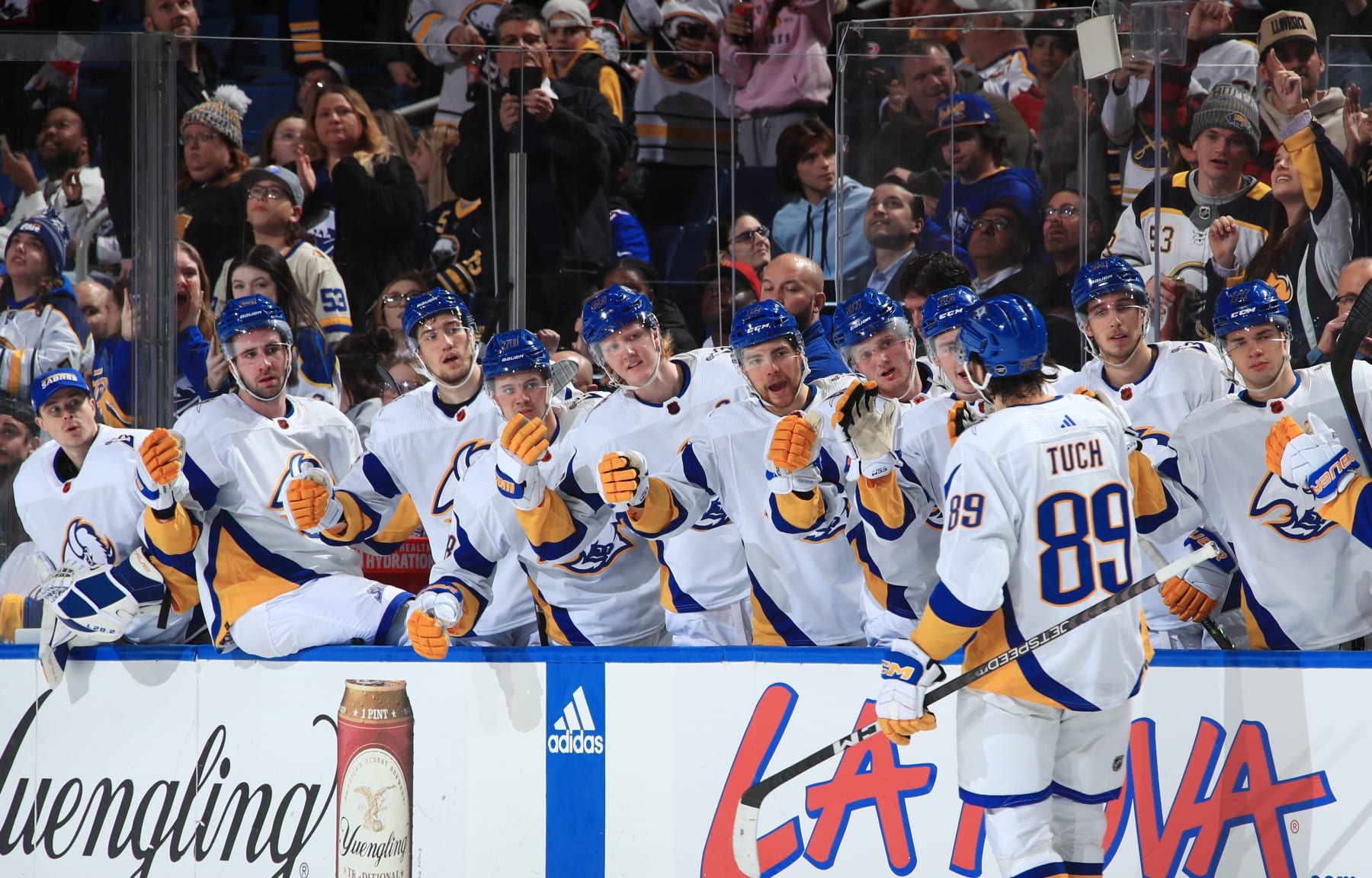 BUFFALO, NY - FEBRUARY 1: Alex Tuch #89 of the Buffalo Sabres celebrates his first period goal against the Carolina Hurricanes during an NHL game on February 1, 2023 at KeyBank Center in Buffalo, New York. (Photo by Bill Wippert/NHLI via Getty Images)