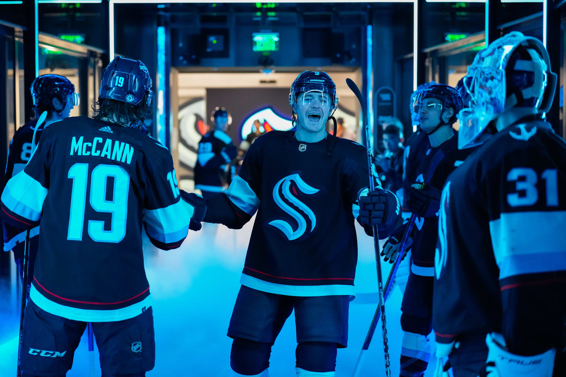 SEATTLE, WASHINGTON - JANUARY 28: Ryan Donato #9 of the Seattle Kraken yells in the tunnel before a game against the Columbus Blue Jackets at Climate Pledge Arena on January 28, 2023 in Seattle, Washington. (Photo by Christopher Mast/NHLI via Getty Images)