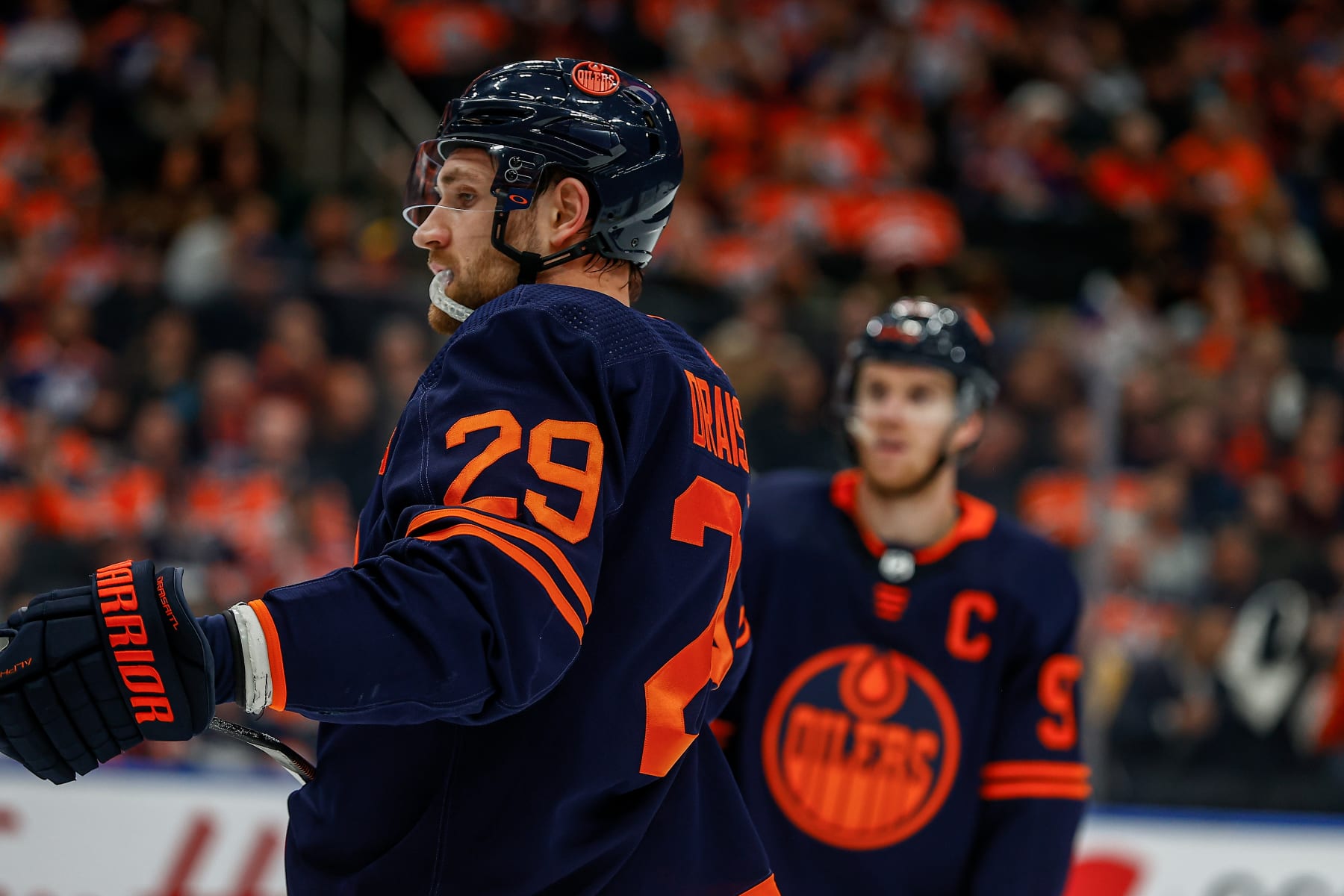 EDMONTON, AB - DECEMBER 7: Edmonton Oilers Winger Leon Draisaitl (29) and Edmonton Oilers Center Connor McDavid (97) wait for a face off on the power play in the first period during the Edmonton Oilers game versus the Arizona Coyotes on December 5, 2022 at Rogers Place in Edmonton, AB. (Photo by Curtis Comeau/Icon Sportswire via Getty Images)