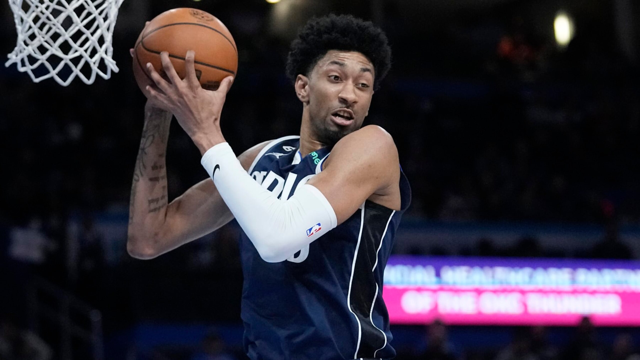 Dallas Mavericks forward Christian Wood during an NBA basketball game against the Oklahoma City Thunder, Sunday, Jan. 8, 2023, in Oklahoma City. (AP Photo/Sue Ogrocki)
