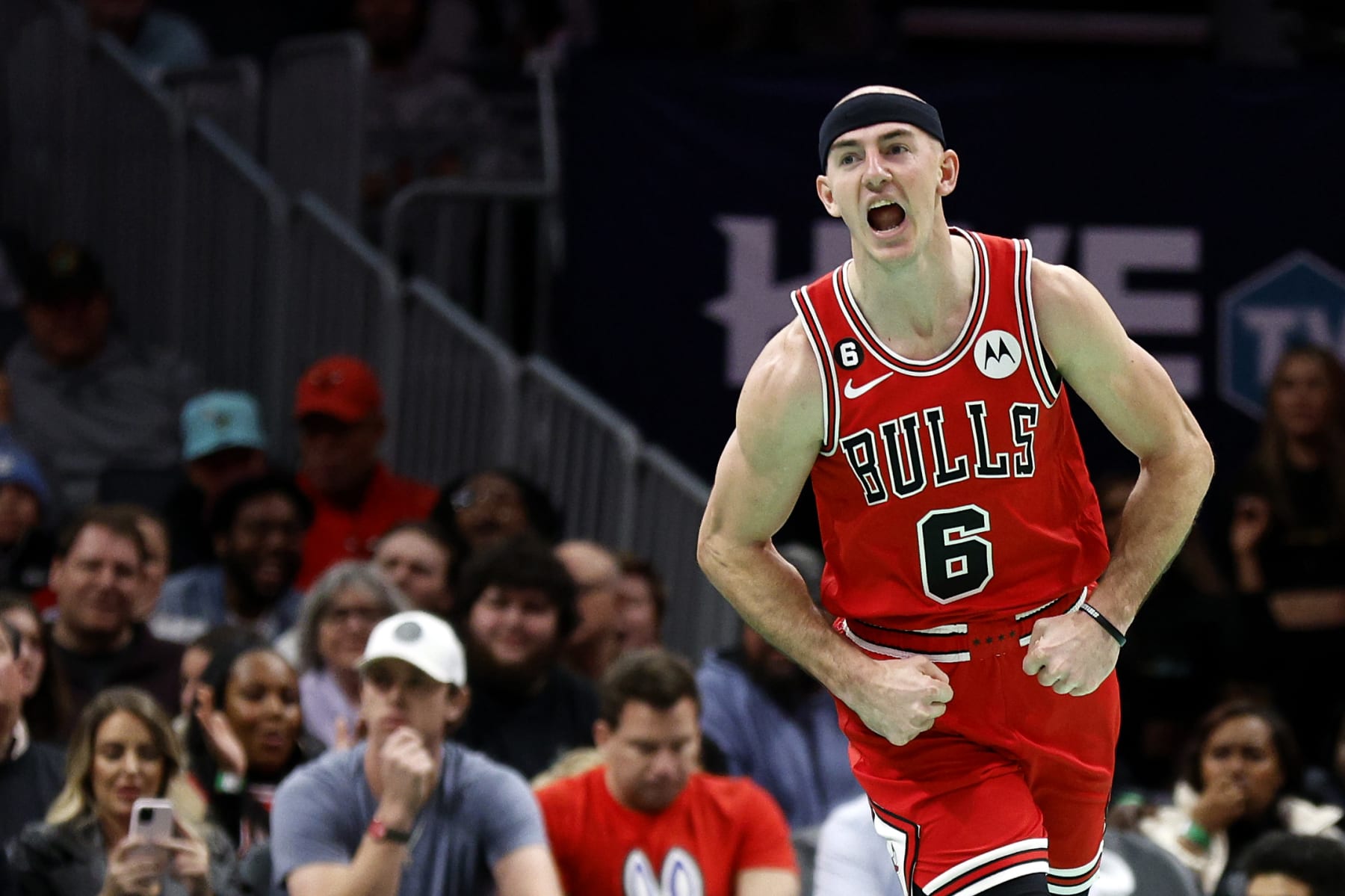 CHARLOTTE, NORTH CAROLINA - JANUARY 26: Alex Caruso #6 of the Chicago Bulls reacts following a basket during the second half of the game against the Charlotte Hornets at Spectrum Center on January 26, 2023 in Charlotte, North Carolina. NOTE TO USER: User expressly acknowledges and agrees that, by downloading and or using this photograph, User is consenting to the terms and conditions of the Getty Images License Agreement.  (Photo by Jared C. Tilton/Getty Images)