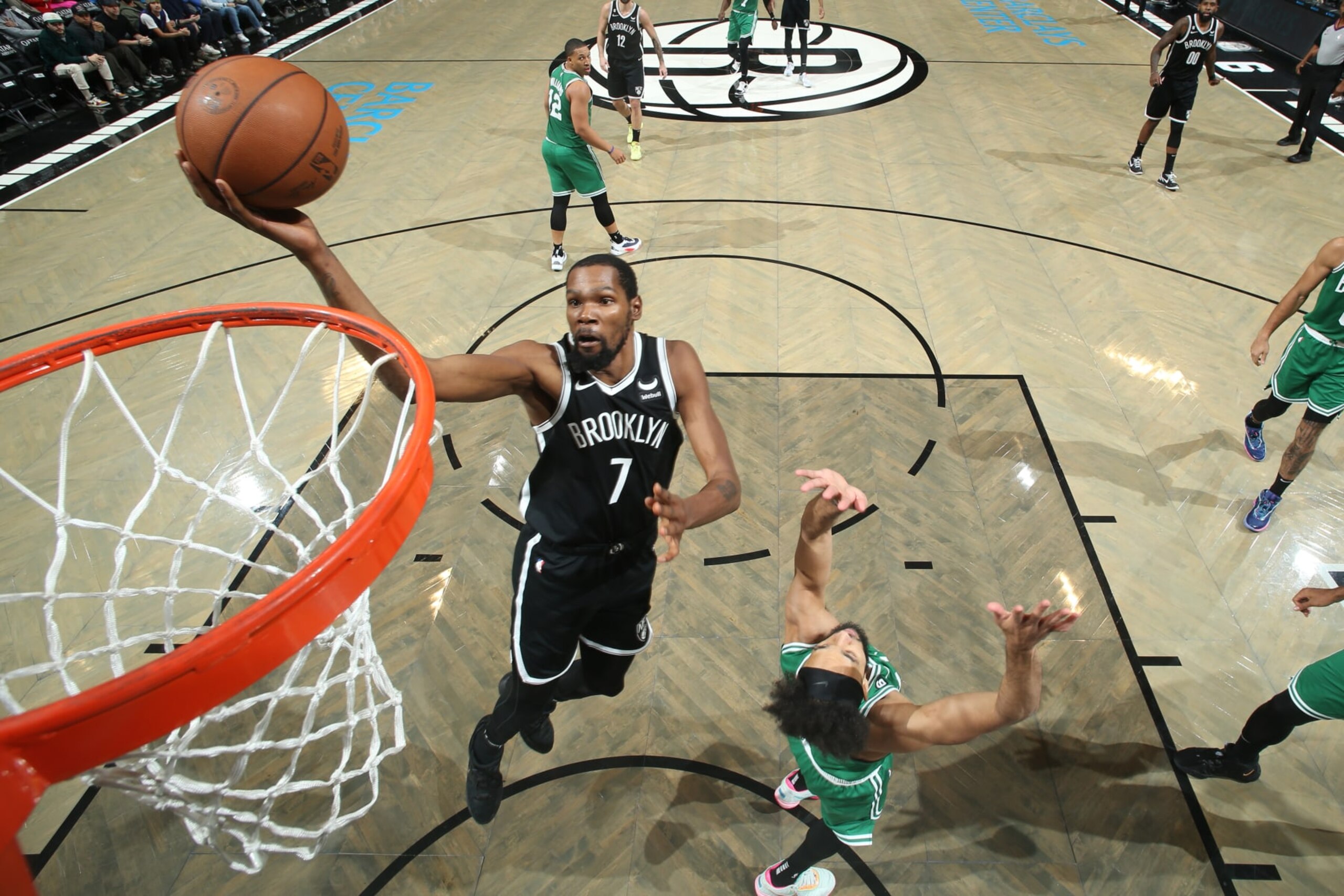 BROOKLYN, NY - DECEMBER 4: Kevin Durant #7 of the Brooklyn Nets drives to the basket during the game against the Boston Celtics on December 4, 2022 at Barclays Center in Brooklyn, New York. NOTE TO USER: User expressly acknowledges and agrees that, by downloading and or using this Photograph, user is consenting to the terms and conditions of the Getty Images License Agreement. Mandatory Copyright Notice: Copyright 2022 NBAE (Photo by Nathaniel S. Butler/NBAE via Getty Images)
