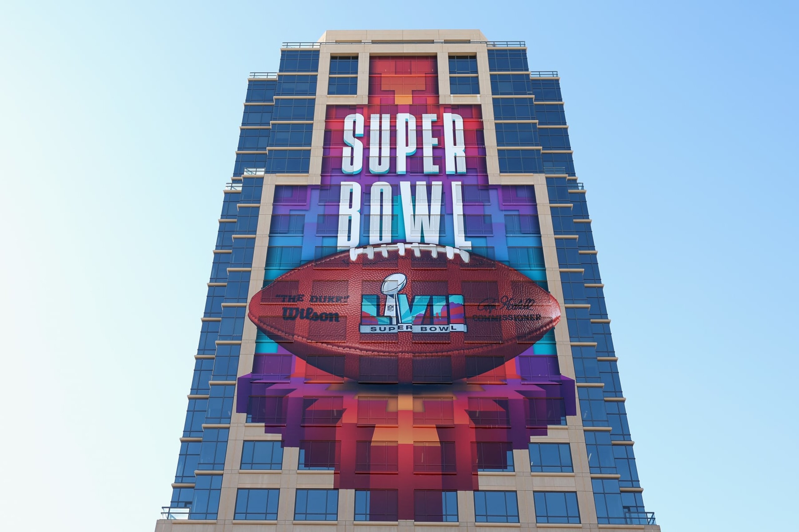 PHOENIX, ARIZONA - FEBRUARY 6: General view of Super Bowl LVII signage on February 6, 2023 in Phoenix, Arizona. Super Bowl LVII will be played between the Philadelphia Eagles and the Kansas City Chiefs on February 12, at State Farm Stadium in Glendale, Arizona. (Photo by Christian Petersen/Getty Images)
