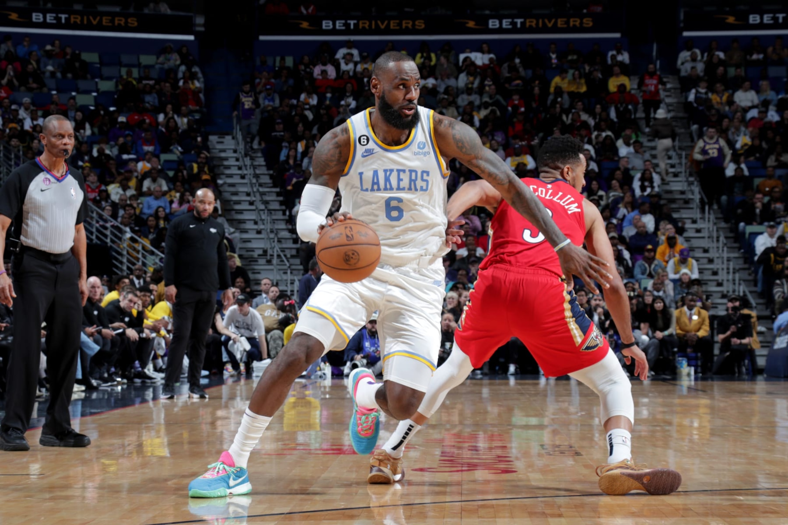 NEW ORLEANS, LA - FEBRUARY 4: LeBron James #6 of the Los Angeles Lakers dribbles the ball against the New Orleans Pelicans on February 4, 2023 at the Smoothie King Center in New Orleans, Louisiana. NOTE TO USER: User expressly acknowledges and agrees that, by downloading and or using this Photograph, user is consenting to the terms and conditions of the Getty Images License Agreement. Mandatory Copyright Notice: Copyright 2023 NBAE (Photo by Layne Murdoch Jr./NBAE via Getty Images) NEW ORLEANS, LA - FEBRUARY 4: LeBron James #6 of the Los Angeles Lakers dribbles the ball against the New Orleans Pelicans on February 4, 2023 at the Smoothie King Center in New Orleans, Louisiana. NOTE TO USER: User expressly acknowledges and agrees that, by downloading and or using this Photograph, user is consenting to the terms and conditions of the Getty Images License Agreement. Mandatory Copyright Notice: Copyright 2023 NBAE (Photo by Layne Murdoch Jr./NBAE via Getty Images)