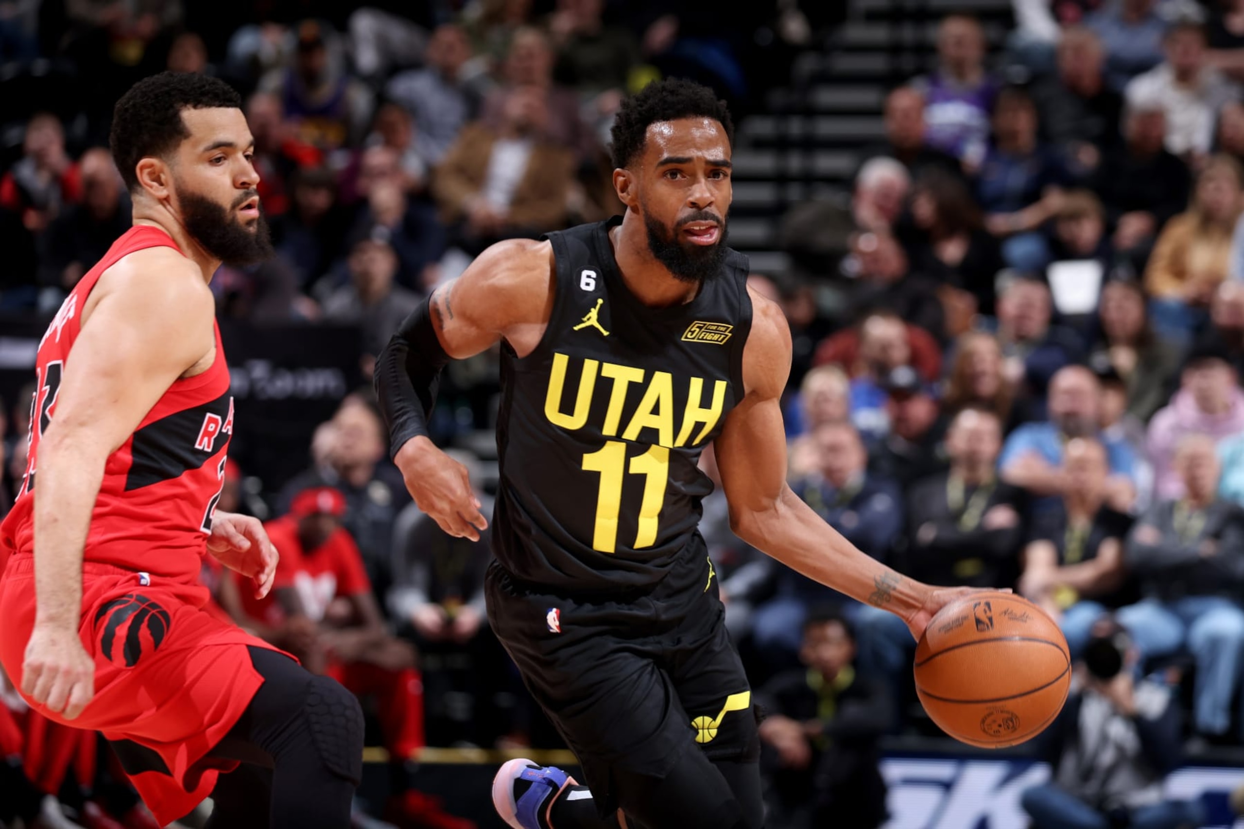 SALT LAKE CITY, UT - FEBRUARY 1: Mike Conley #11 of the Utah Jazz handles the ballduring the game against the Toronto Raptors on February 1, 2023 at vivint.SmartHome Arena in Salt Lake City, Utah. NOTE TO USER: User expressly acknowledges and agrees that, by downloading and or using this Photograph, User is consenting to the terms and conditions of the Getty Images License Agreement. Mandatory Copyright Notice: Copyright 2023 NBAE (Photo by Melissa Majchrzak/NBAE via Getty Images) SALT LAKE CITY, UT - FEBRUARY 1: Mike Conley #11 of the Utah Jazz handles the ballduring the game against the Toronto Raptors on February 1, 2023 at vivint.SmartHome Arena in Salt Lake City, Utah. NOTE TO USER: User expressly acknowledges and agrees that, by downloading and or using this Photograph, User is consenting to the terms and conditions of the Getty Images License Agreement. Mandatory Copyright Notice: Copyright 2023 NBAE (Photo by Melissa Majchrzak/NBAE via Getty Images)
