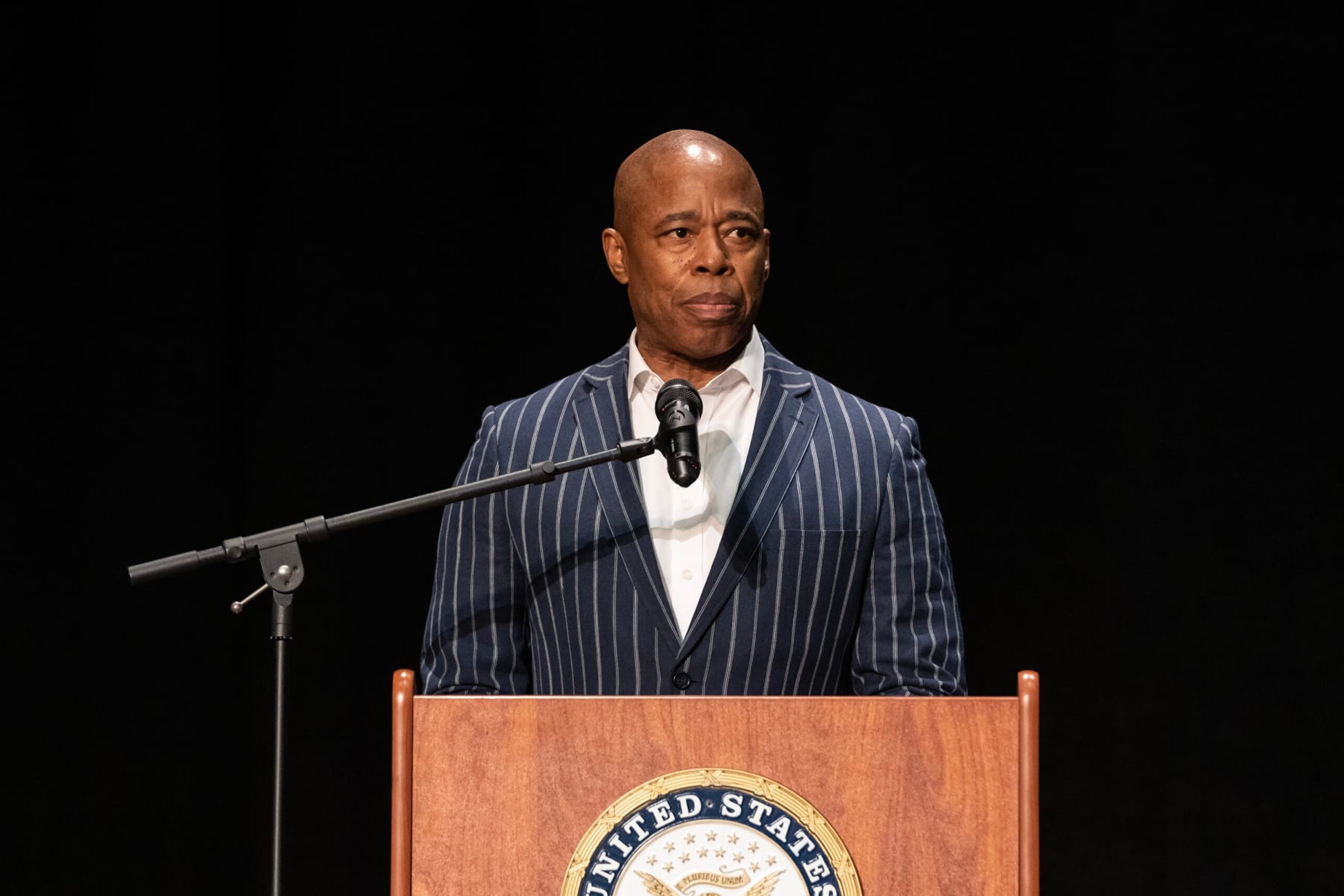 NEW YORK, UNITED STATES - 2023/01/29: Mayor Eric Adams speaks during House Democratic Leader Hakeem Jeffries 2023 community inauguration at Brooklyn Technical School. (Photo by Lev Radin/Pacific Press/LightRocket via Getty Images)