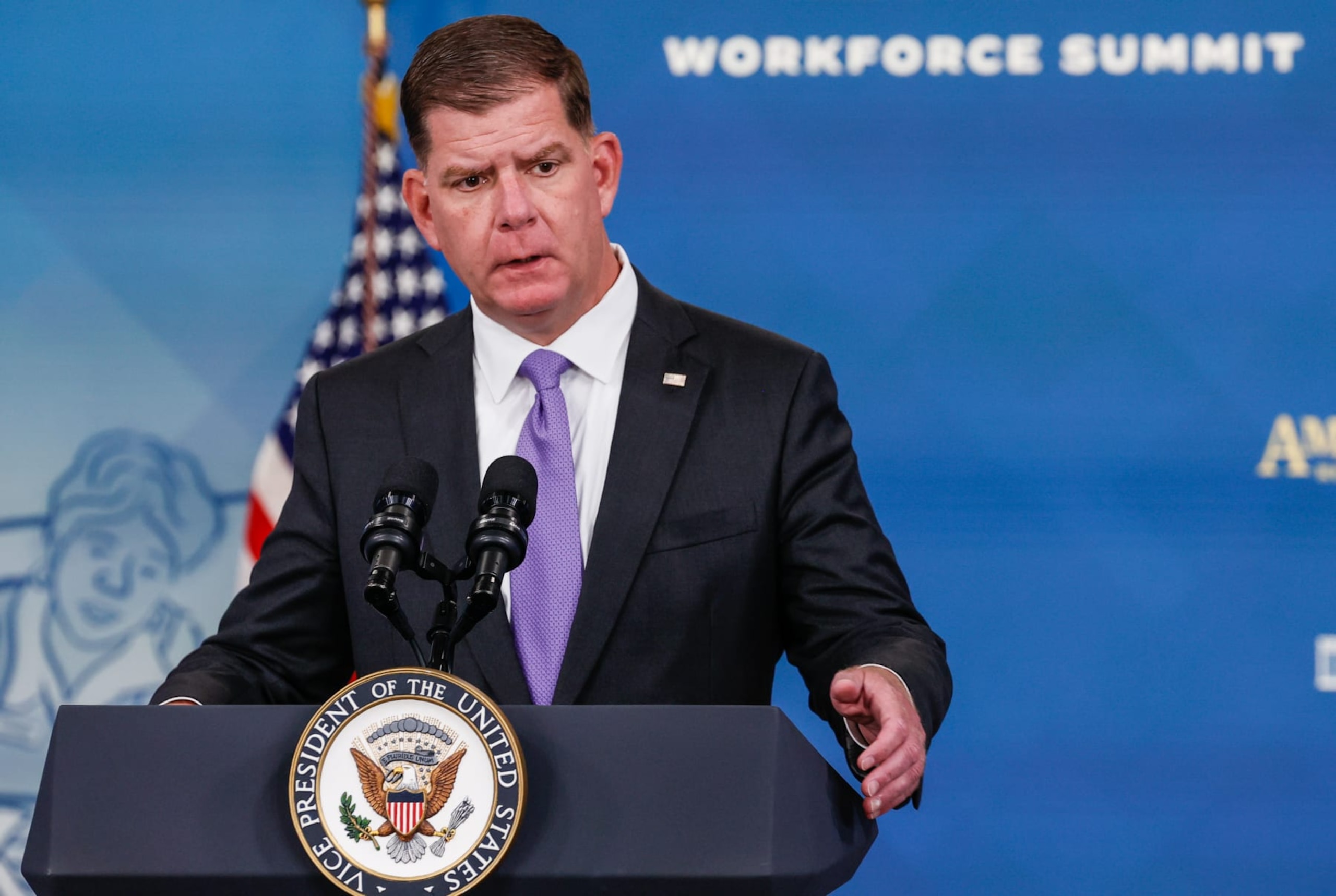 Marty Walsh, US secretary of labor, speaks during the American Rescue Plan Workforce Development Summit in the Eisenhower Executive Office Building in Washington, D.C., US, on Wednesday, July 13, 2022. US inflation roared again to a fresh four-decade high last month, likely strengthening the Federal Reserve's resolve to aggressively raise interest rates that risks upending the economic expansion. Photographer: Jemal Countess/UPI/Bloomberg via Getty Images