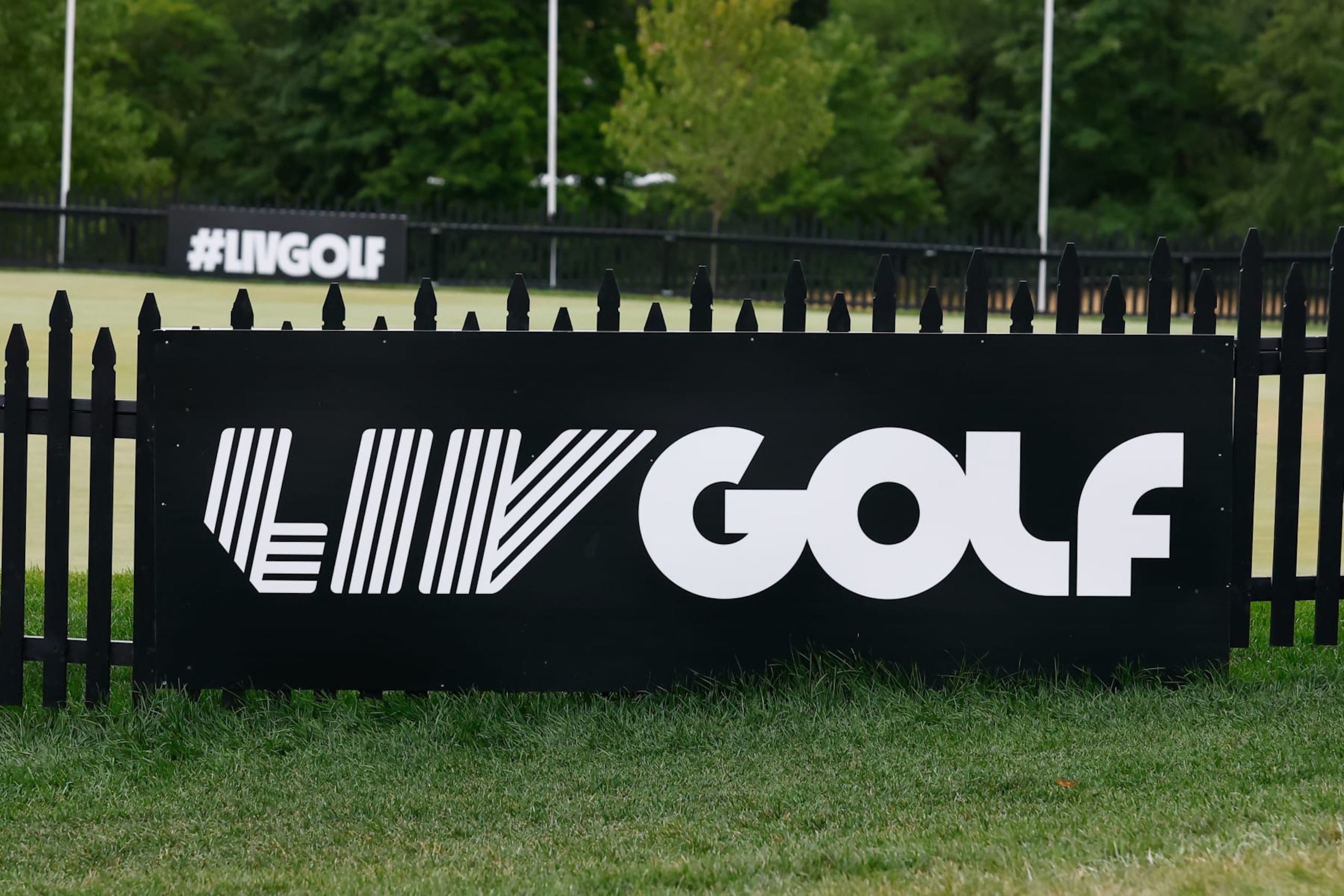 BEDMINSTER, NJ - JULY 29:  A general view of the LIV GOLF logo during round 1 of the LIV Golf Invitational Series on July 29, 2022 at Trump National Golf Club in Bedminster, New Jersey.  (Photo by Rich Graessle/Icon Sportswire via Getty Images)