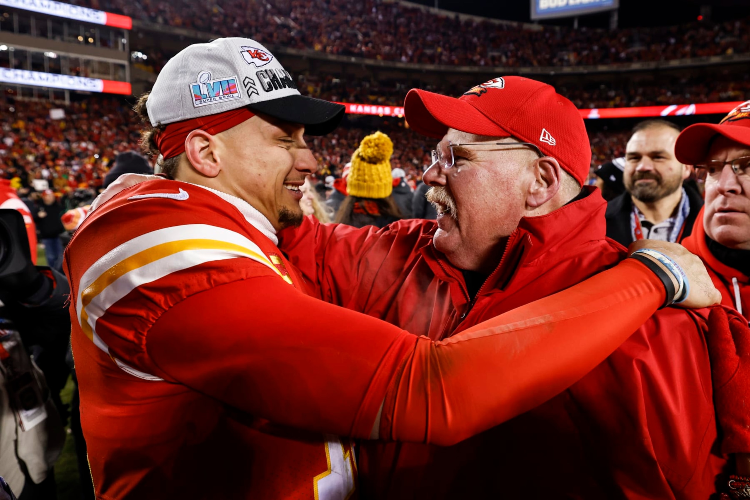 KANSAS CITY, MISSOURI - JANUARY 29: Patrick Mahomes #15 of the Kansas City Chiefs celebrates with head coach Andy Reid after defeating the Cincinnati Bengals in the AFC Championship NFL football game at GEHA Field at Arrowhead Stadium on January 29, 2023 in Kansas City, Missouri. (Photo by Michael Owens/Getty Images)
