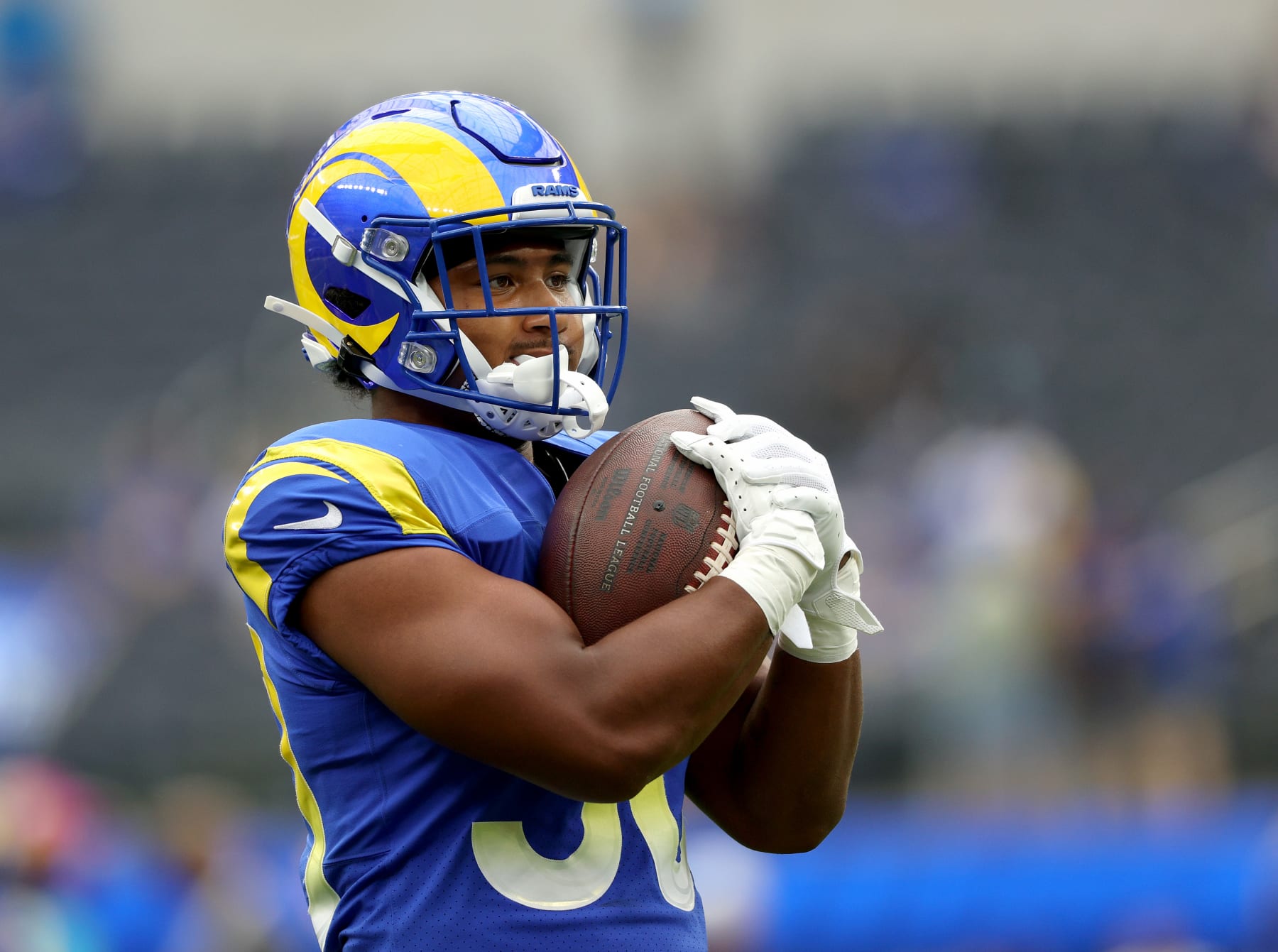 INGLEWOOD, CALIFORNIA - OCTOBER 16: Ronnie Rivers #30 of the Los Angeles Rams during warm up before the game against the Carolina Panthers at SoFi Stadium on October 16, 2022 in Inglewood, California. (Photo by Harry How/Getty Images)