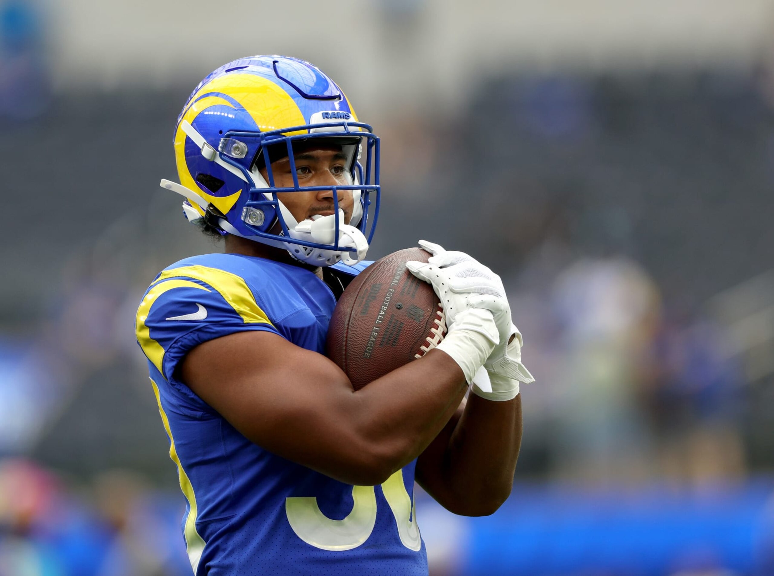 INGLEWOOD, CALIFORNIA - OCTOBER 16: Ronnie Rivers #30 of the Los Angeles Rams during warm up before the game against the Carolina Panthers at SoFi Stadium on October 16, 2022 in Inglewood, California. (Photo by Harry How/Getty Images)