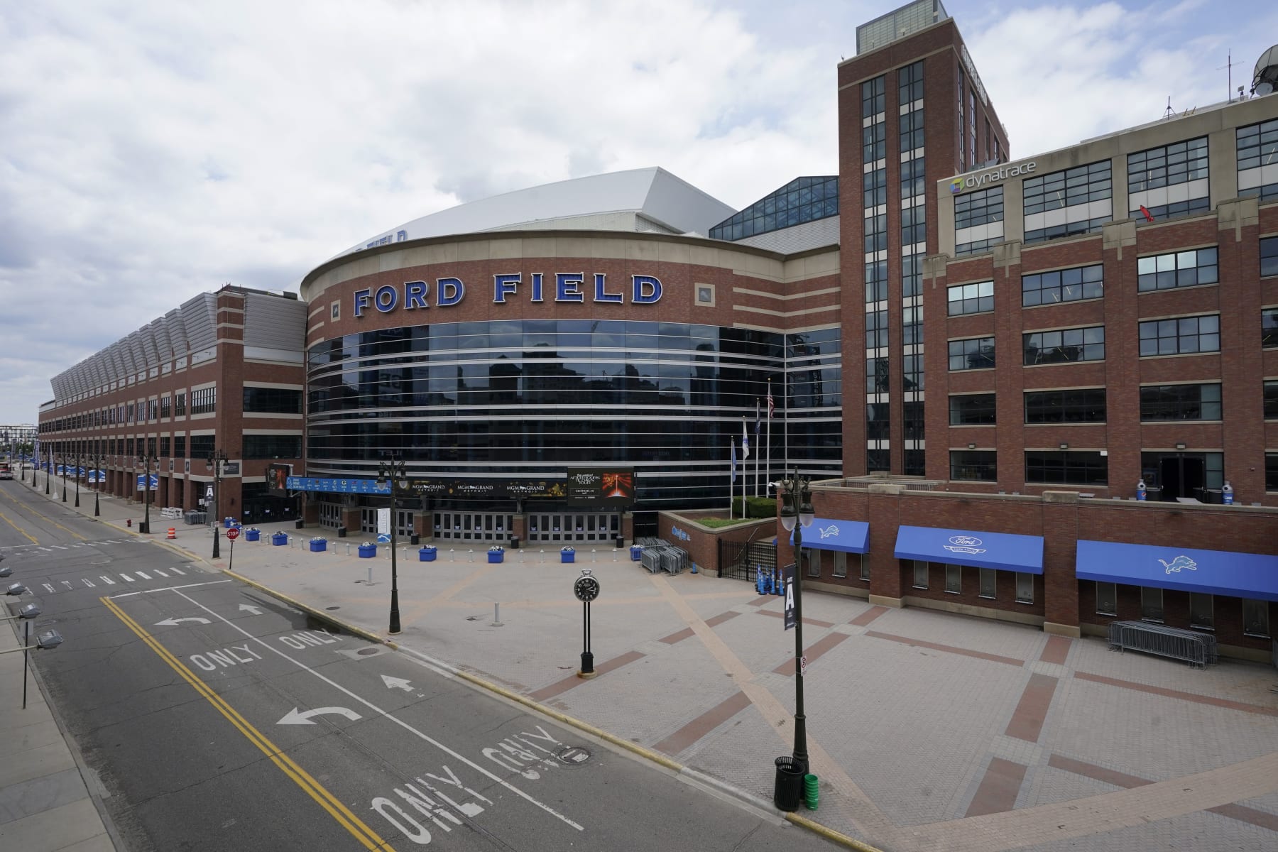 Exterior of Ford Field, home field of the Detroit Lions, is seen, Thursday, July 7, 2022, in Detroit. (AP Photo/Carlos Osorio)