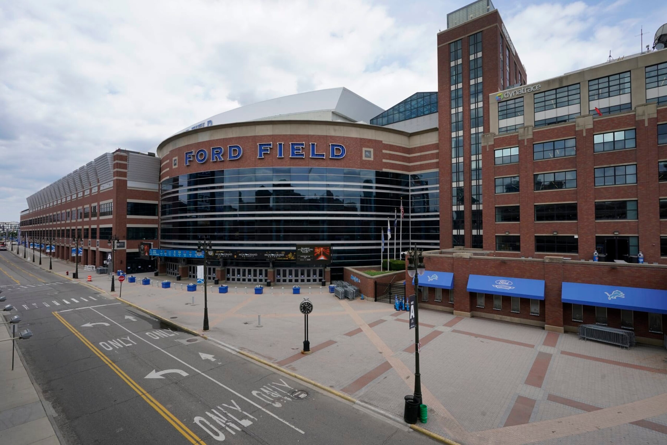 Exterior of Ford Field, home field of the Detroit Lions, is seen, Thursday, July 7, 2022, in Detroit. (AP Photo/Carlos Osorio)