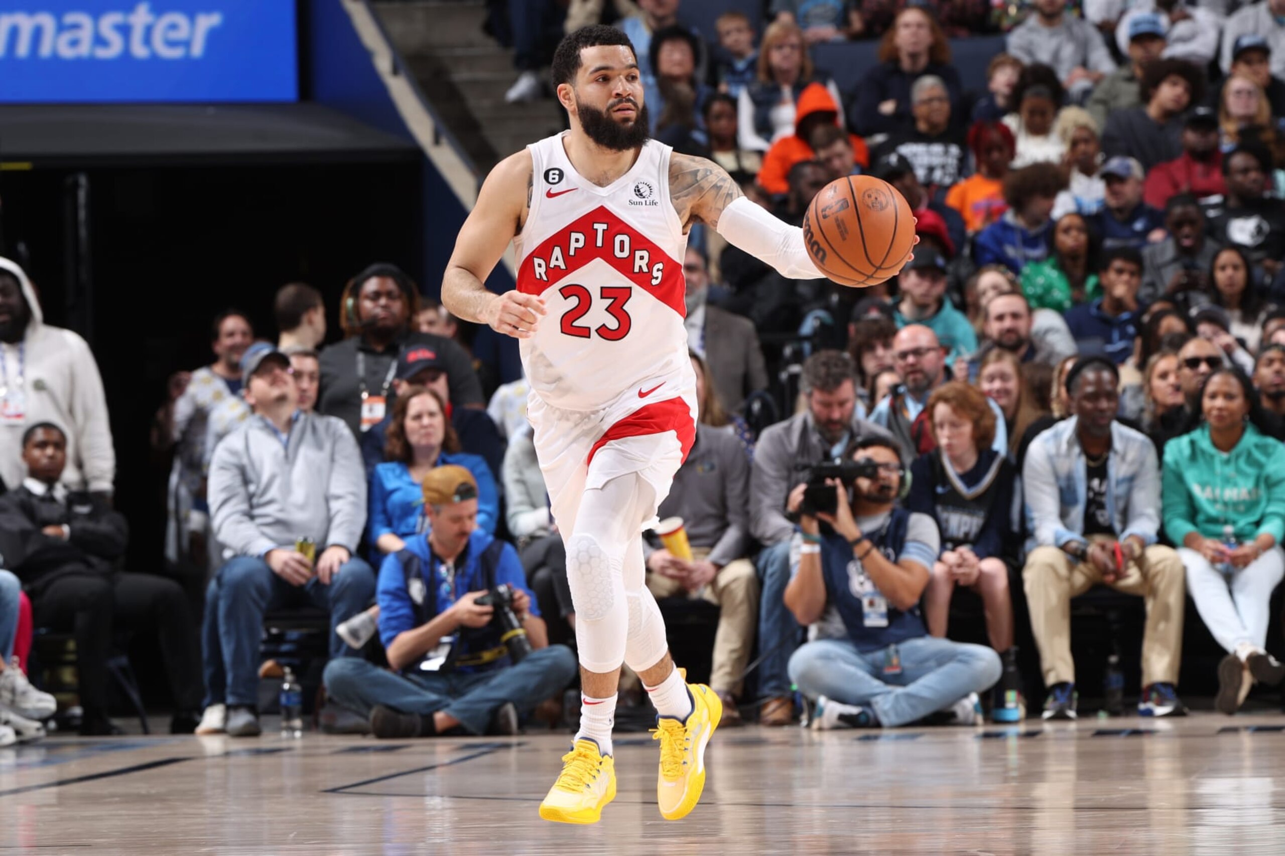 MEMPHIS, TN - FEBRUARY 5: Fred VanVleet #23 of the Toronto Raptors dribbles the ball during the game against the Memphis Grizzlies on February 5, 2023 at FedExForum in Memphis, Tennessee. NOTE TO USER: User expressly acknowledges and agrees that, by downloading and or using this photograph, User is consenting to the terms and conditions of the Getty Images License Agreement. Mandatory Copyright Notice: Copyright 2023 NBAE (Photo by Joe Murphy/NBAE via Getty Images) MEMPHIS, TN - FEBRUARY 5: Fred VanVleet #23 of the Toronto Raptors dribbles the ball during the game against the Memphis Grizzlies on February 5, 2023 at FedExForum in Memphis, Tennessee. NOTE TO USER: User expressly acknowledges and agrees that, by downloading and or using this photograph, User is consenting to the terms and conditions of the Getty Images License Agreement. Mandatory Copyright Notice: Copyright 2023 NBAE (Photo by Joe Murphy/NBAE via Getty Images)