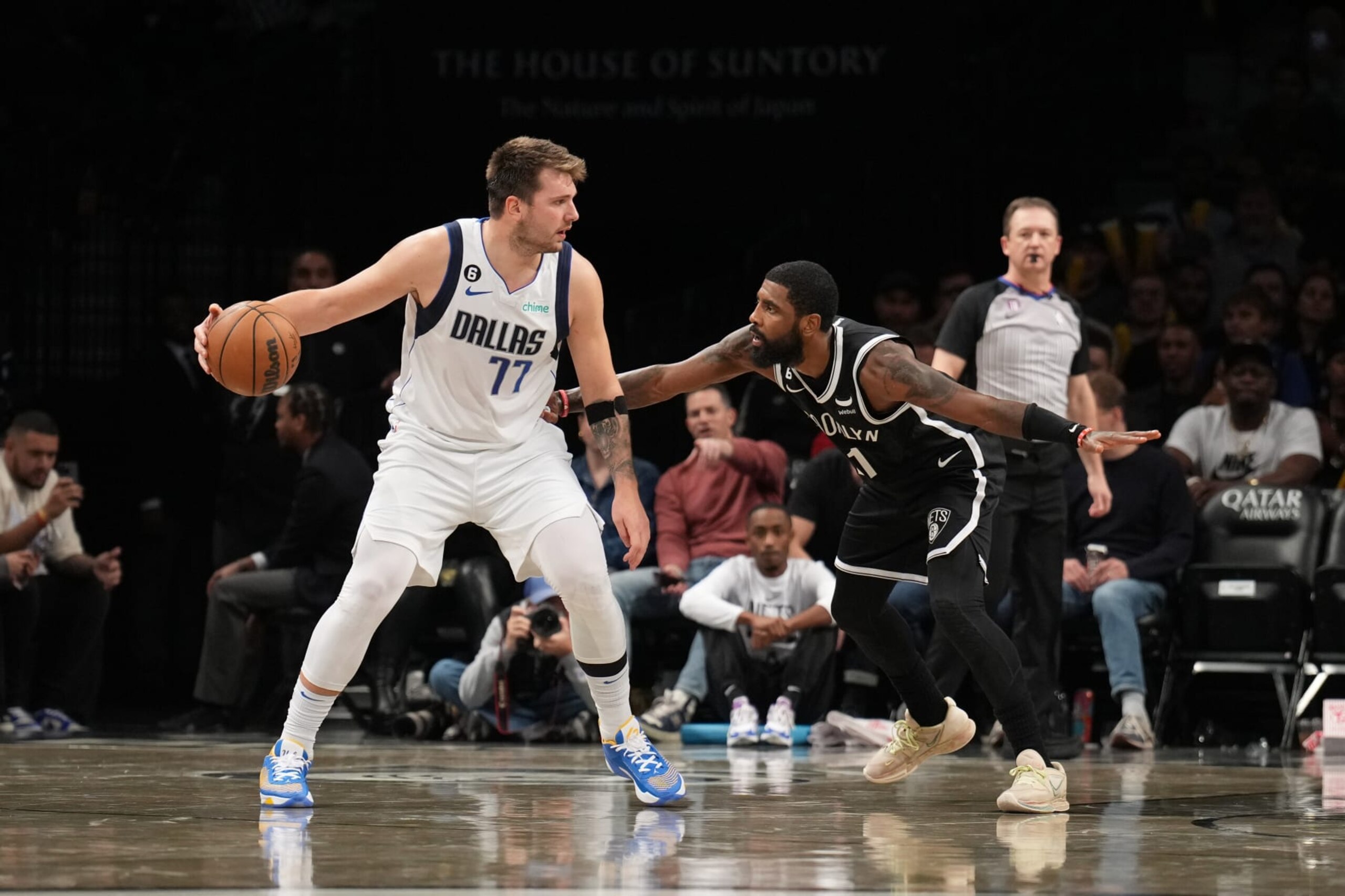 BROOKLYN, NY - OCTOBER 27: Luka Doncic #77 of the Dallas Mavericks dribbles the ball during the game against Kyrie Irving #11 of the Brooklyn Nets on October 27, 2022 at Barclays Center in Brooklyn, New York. NOTE TO USER: User expressly acknowledges and agrees that, by downloading and or using this Photograph, user is consenting to the terms and conditions of the Getty Images License Agreement. Mandatory Copyright Notice: Copyright 2022 NBAE (Photo by Jesse D. Garrabrant/NBAE via Getty Images) BROOKLYN, NY - OCTOBER 27: Luka Doncic #77 of the Dallas Mavericks dribbles the ball during the game against Kyrie Irving #11 of the Brooklyn Nets on October 27, 2022 at Barclays Center in Brooklyn, New York. NOTE TO USER: User expressly acknowledges and agrees that, by downloading and or using this Photograph, user is consenting to the terms and conditions of the Getty Images License Agreement. Mandatory Copyright Notice: Copyright 2022 NBAE (Photo by Jesse D. Garrabrant/NBAE via Getty Images)