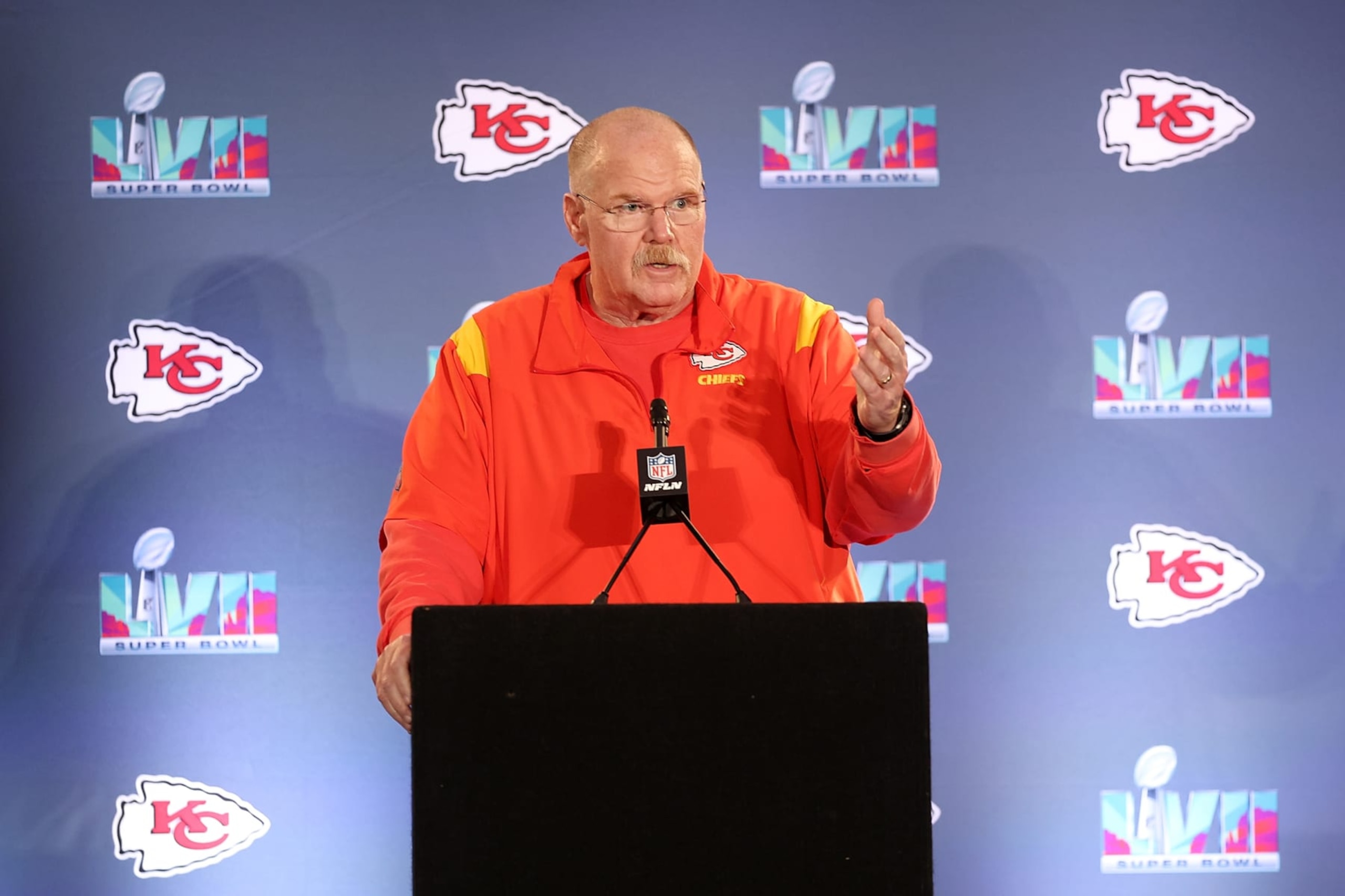 PHOENIX, ARIZONA - FEBRUARY 06: Head coach Andy Reid of the Kansas City Chiefs speaks to the media during the Kansas City Chiefs media availability prior to Super Bowl LVII at the Hyatt Regency Gainey Ranch on February 07, 2023 in Scottsdale, Arizona. (Photo by Christian Petersen/Getty Images)