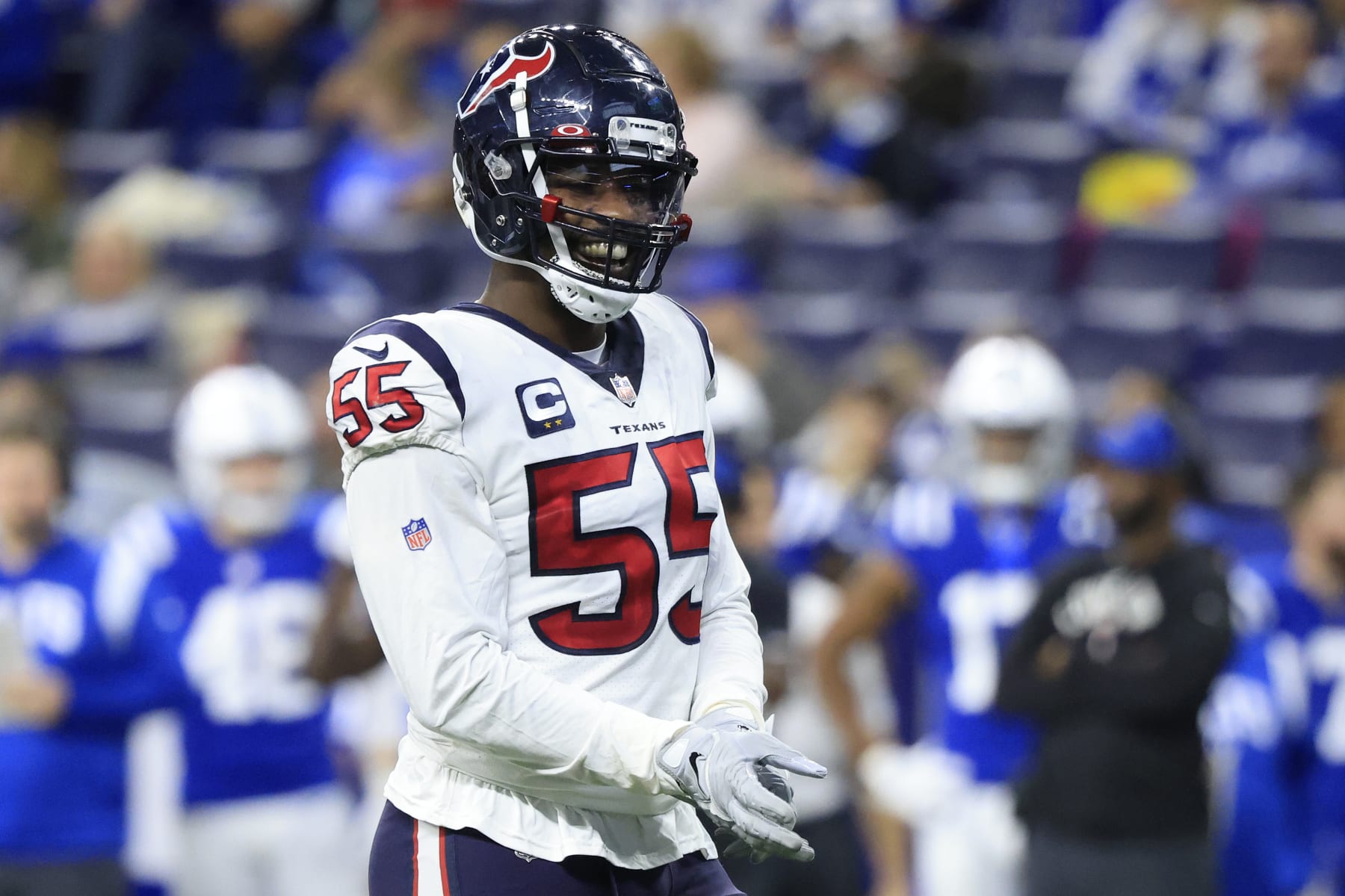 INDIANAPOLIS, INDIANA - JANUARY 08: Jerry Hughes #55 of the Houston Texans reacts after a play in the game against the Indianapolis Colts at Lucas Oil Stadium on January 08, 2023 in Indianapolis, Indiana. (Photo by Justin Casterline/Getty Images)