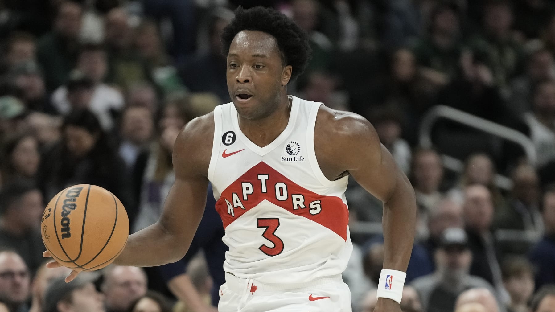 Toronto Raptors' O.G. Anunoby during the first half of an NBA basketball game against the Milwaukee Bucks Tuesday, Jan. 17, 2023, in Milwaukee. (AP Photo/Morry Gash)