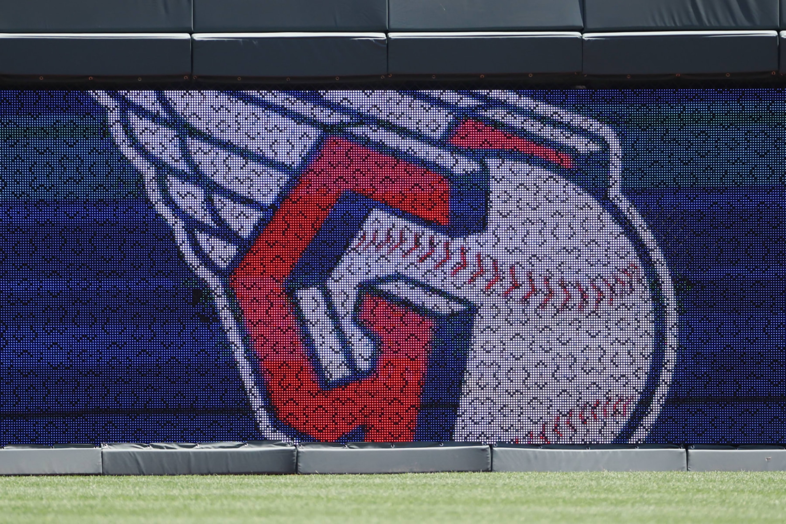 KANSAS CITY, MO - JULY 10: The Cleveland Guardians logo displays on the outfield wall before an MLB game between the Cleveland Guardians and Kansas City Royals on July 10, 2022 at Kauffman Stadium in Kansas City, MO. (Photo by Scott Winters/Icon Sportswire via Getty Images)