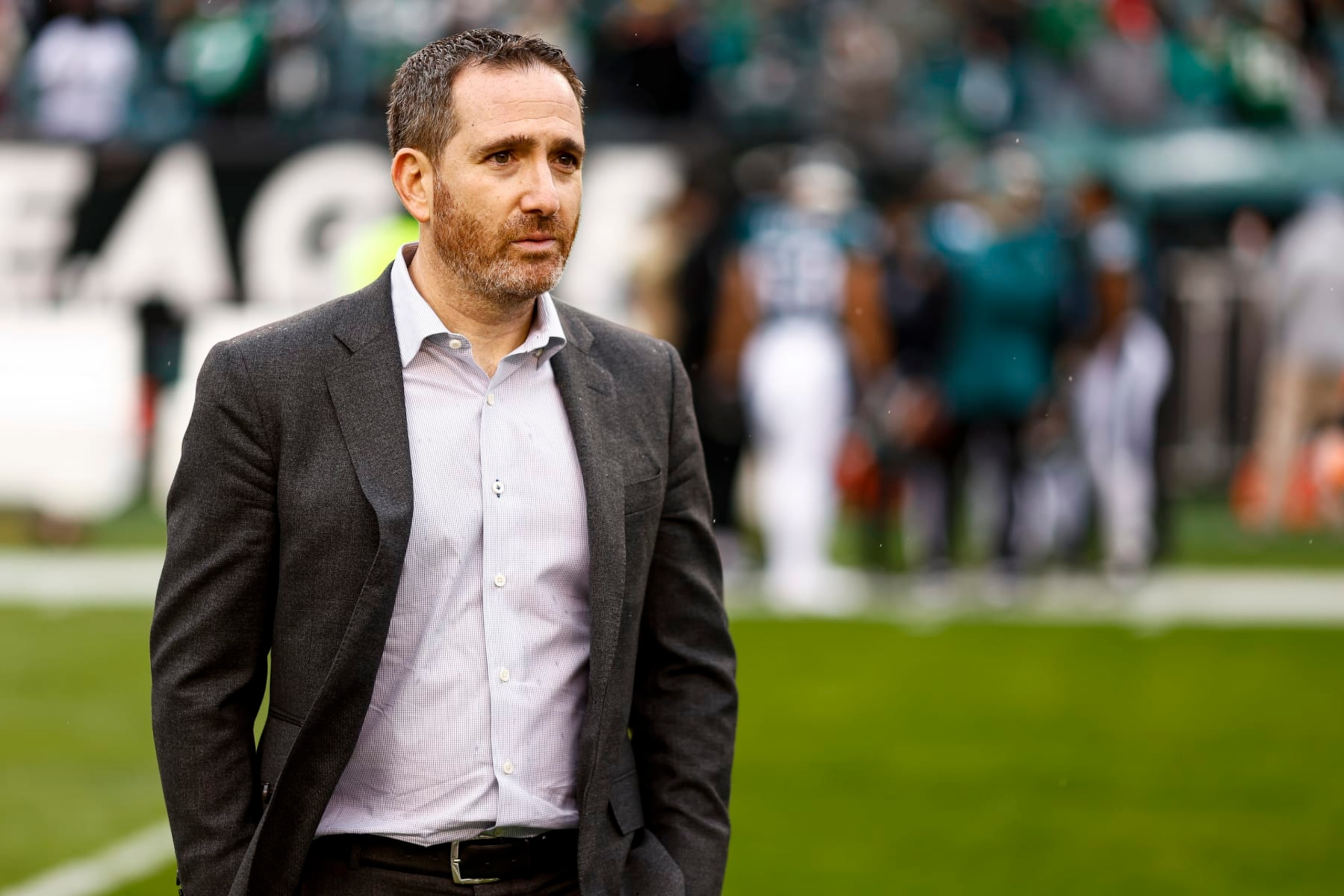 PHILADELPHIA, PA - JANUARY 29: General manager Howie Roseman of the Philadelphia Eagles walks on the field prior to the NFC Championship NFL football game against the San Francisco 49ers at Lincoln Financial Field on January 29, 2023 in Philadelphia, Pennsylvania. (Photo by Kevin Sabitus/Getty Images)