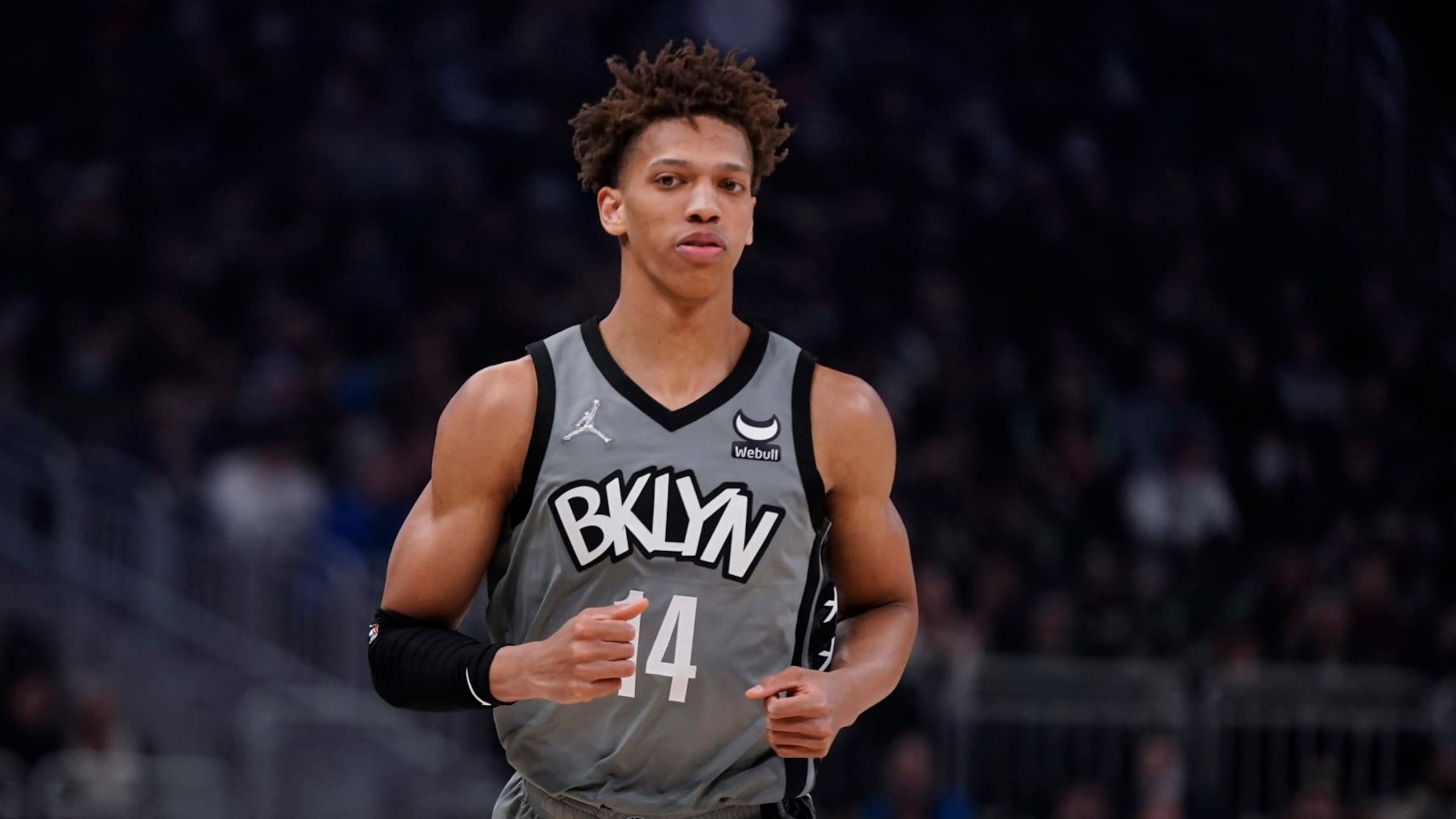 Brooklyn Nets' Kessler Edwards during the first half of an NBA basketball game against the Milwaukee Bucks Saturday, Feb. 26, 2022, in Milwaukee. (AP Photo/Morry Gash)