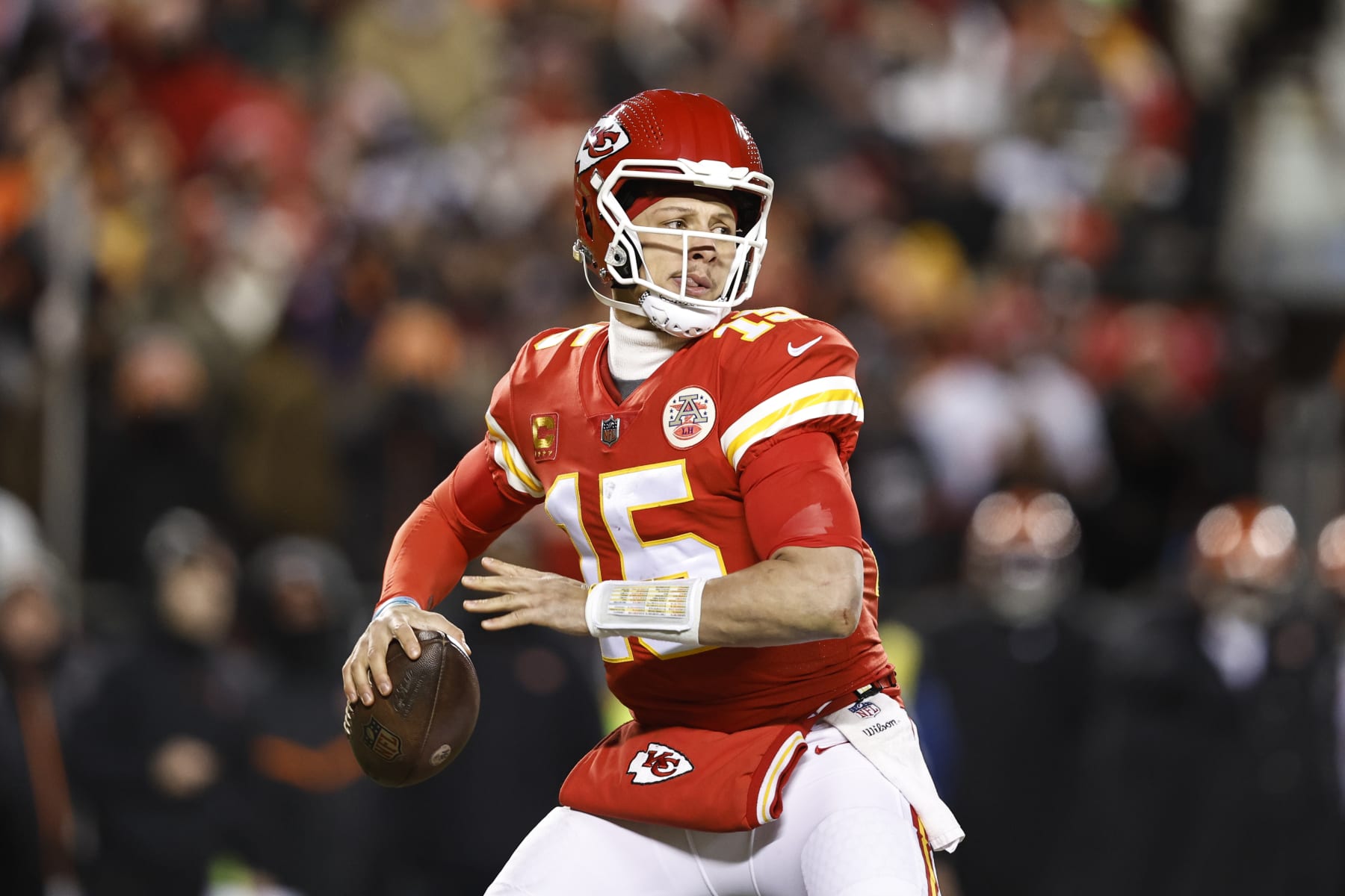 KANSAS CITY, MISSOURI - JANUARY 29: Patrick Mahomes #15 of the Kansas City Chiefs passes the ball during the AFC Championship NFL football game between the Kansas City Chiefs and the Cincinnati Bengals at GEHA Field at Arrowhead Stadium on January 29, 2023 in Kansas City, Missouri. (Photo by Michael Owens/Getty Images)