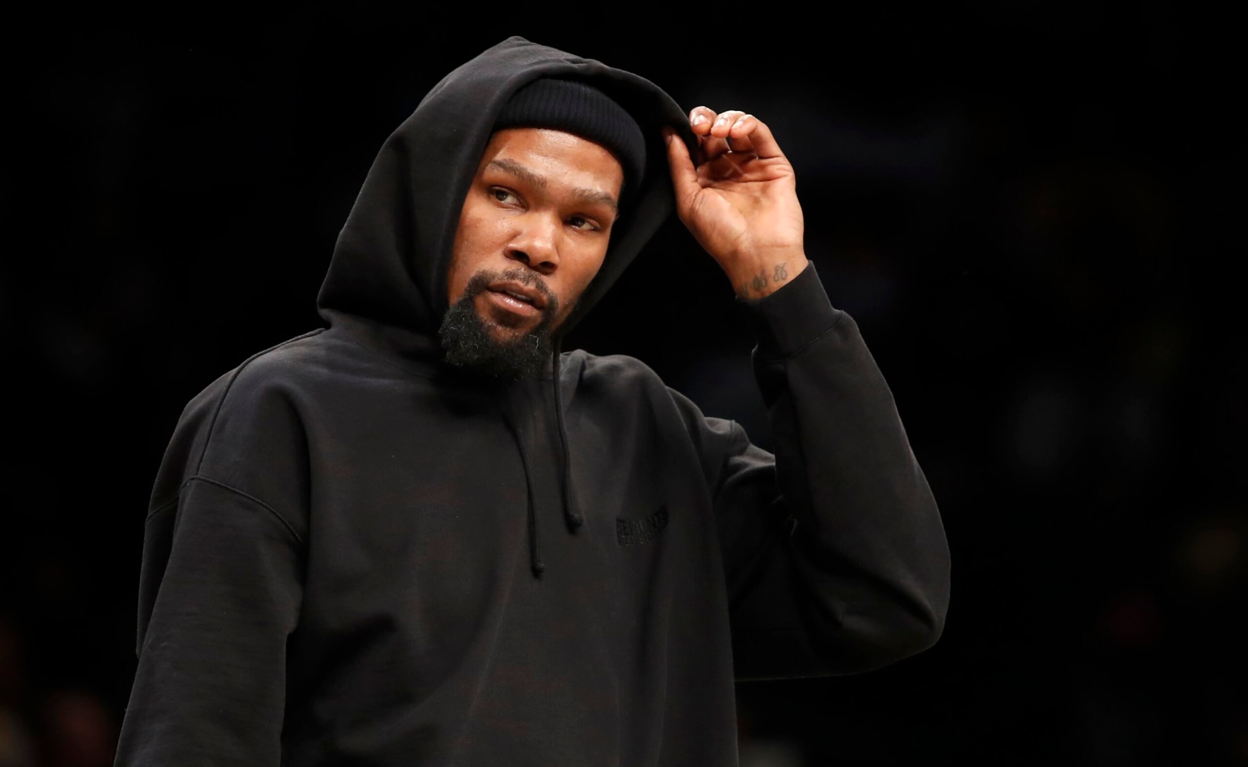 NEW YORK, NEW YORK - JANUARY 30: (NEW YORK DAILIES OUT) Kevin Durant #7 of the Brooklyn Nets looks on against the Los Angeles Lakers at Barclays Center on January 30, 2023 in New York City. The Nets defeated the Lakers 121-104. NOTE TO USER: User expressly acknowledges and agrees that, by downloading and or using this photograph, User is consenting to the terms and conditions of the Getty Images License Agreement. (Photo by Jim McIsaac/Getty Images) NEW YORK, NEW YORK - JANUARY 30: (NEW YORK DAILIES OUT) Kevin Durant #7 of the Brooklyn Nets looks on against the Los Angeles Lakers at Barclays Center on January 30, 2023 in New York City. The Nets defeated the Lakers 121-104. NOTE TO USER: User expressly acknowledges and agrees that, by downloading and or using this photograph, User is consenting to the terms and conditions of the Getty Images License Agreement. (Photo by Jim McIsaac/Getty Images)