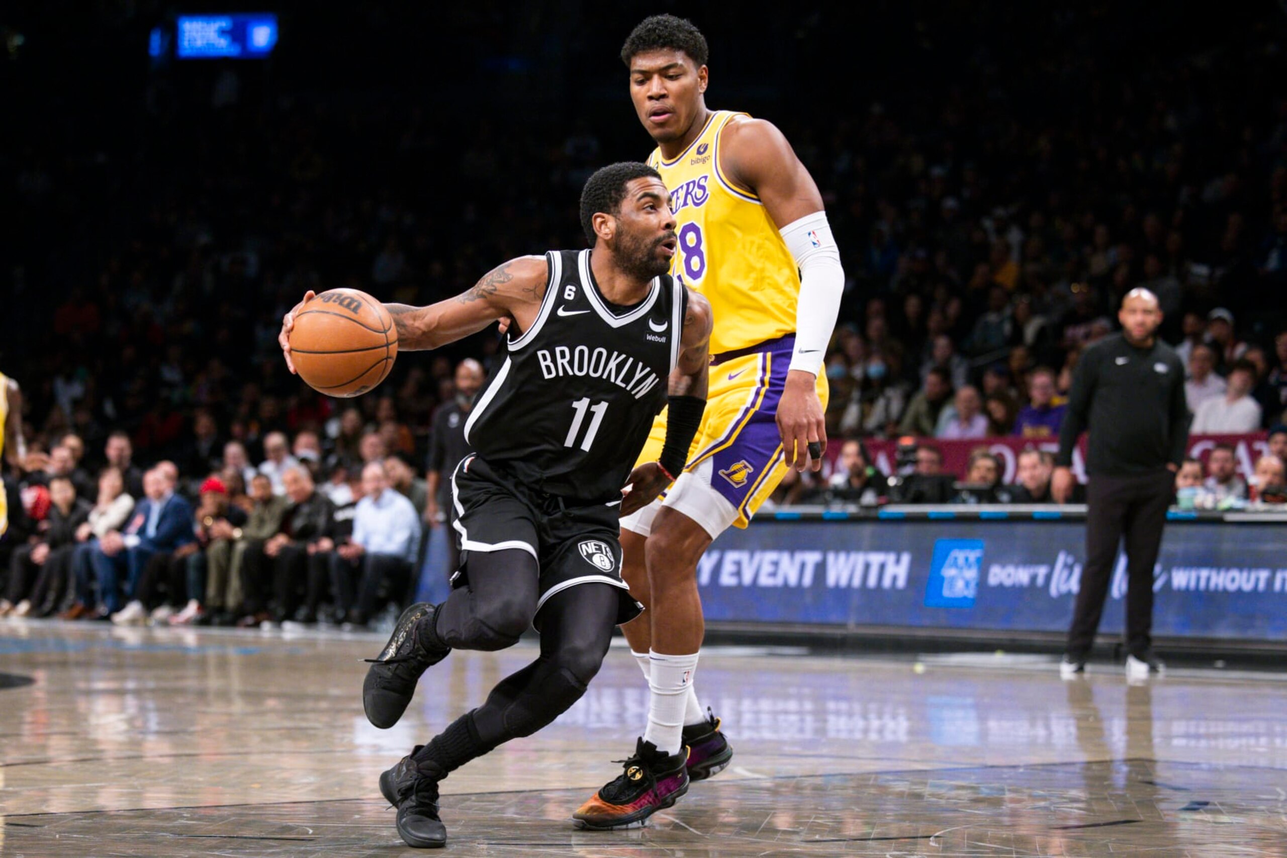 Brooklyn Nets guard Kyrie Irving (11) drives past Los Angeles Lakers forward Rui Hachimura (28) during the first half of an NBA basketball game Monday, Jan. 30, 2023, in New York. (AP Photo/Corey Sipkin) Brooklyn Nets guard Kyrie Irving (11) drives past Los Angeles Lakers forward Rui Hachimura (28) during the first half of an NBA basketball game Monday, Jan. 30, 2023, in New York. (AP Photo/Corey Sipkin)