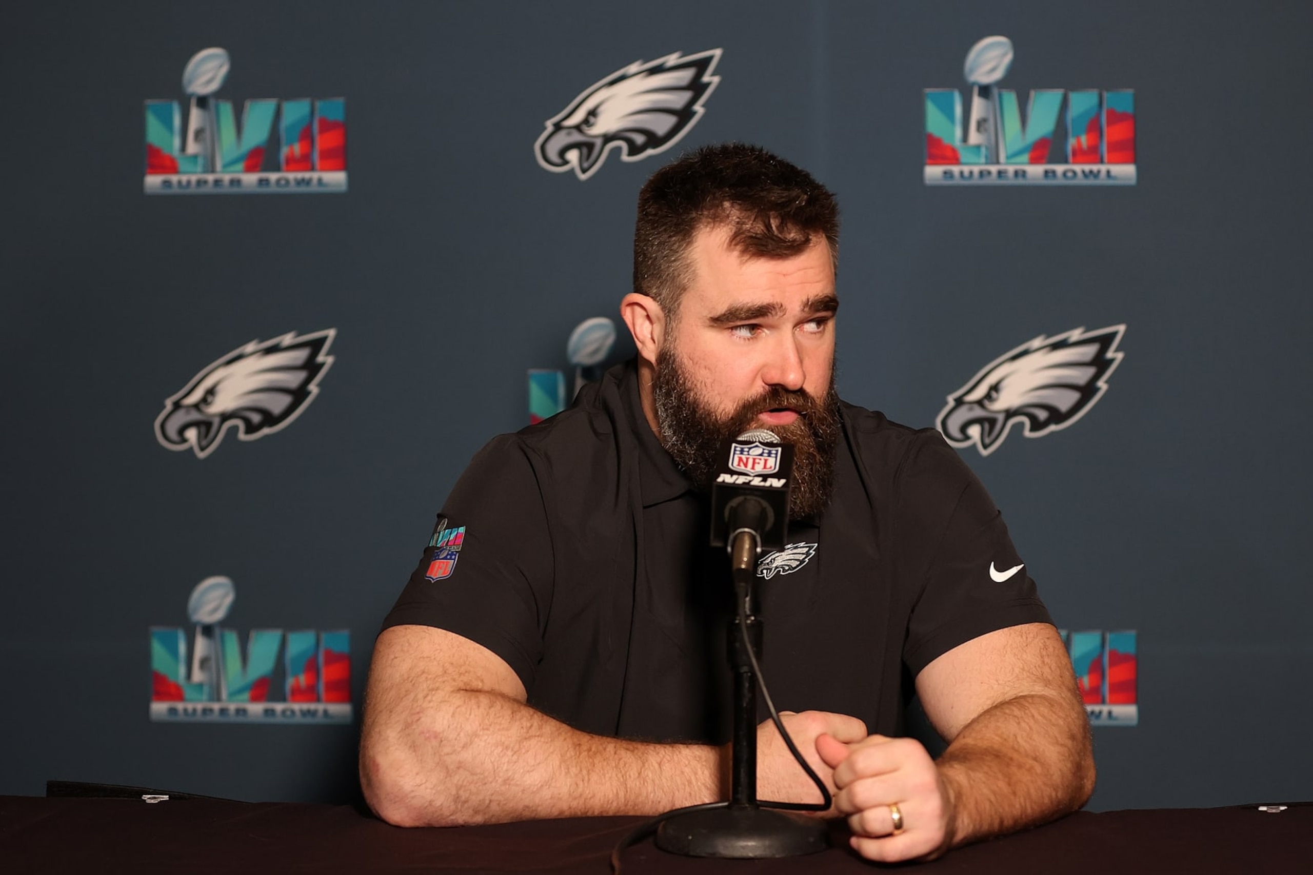 PHOENIX, ARIZONA - FEBRUARY 07: Jason Kelce #62 of the Philadelphia Eagles speaks to the media during the Philadelphia Eagles media availability at the Sheraton Wild Horse Pass on February 07, 2023 in Phoenix, Arizona. (Photo by Rob Carr/Getty Images)