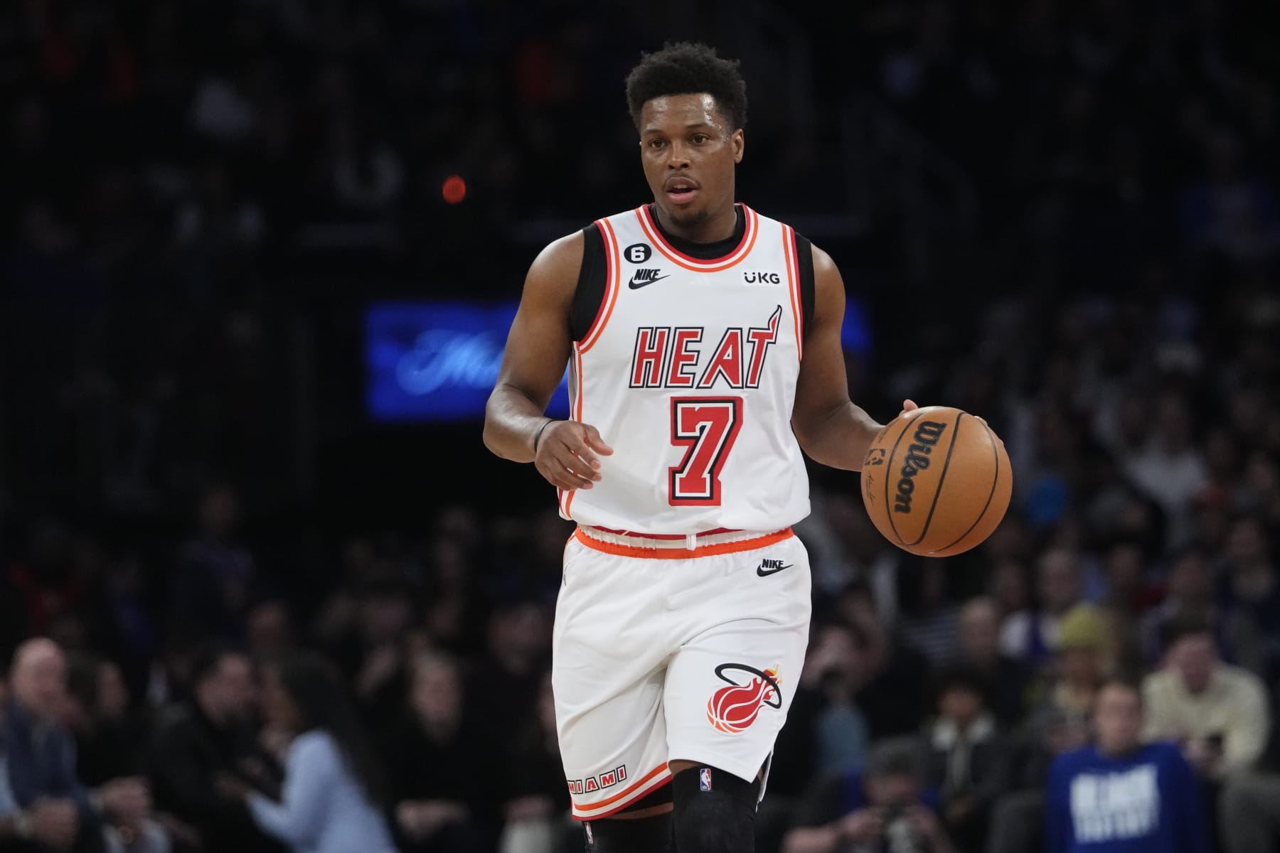 Miami Heat's Kyle Lowry (7) during the first half of an NBA basketball game against the New York Knicks Thursday, Feb. 2, 2023, in New York. (AP Photo/Frank Franklin II)