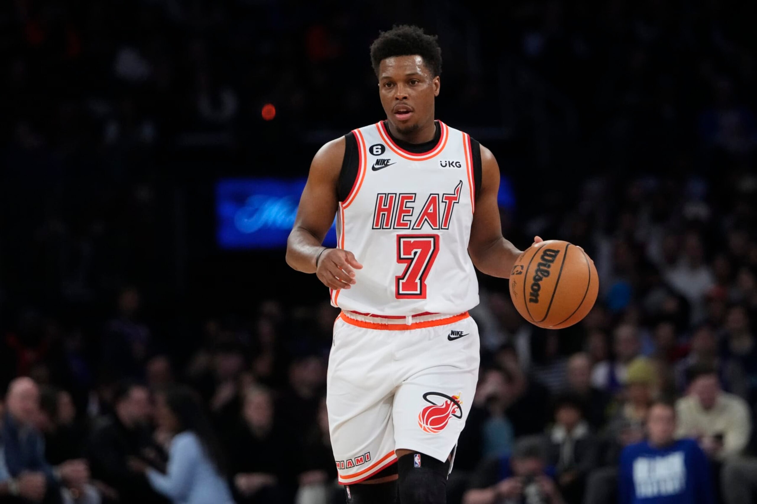 Miami Heat's Kyle Lowry (7) during the first half of an NBA basketball game against the New York Knicks Thursday, Feb. 2, 2023, in New York. (AP Photo/Frank Franklin II)