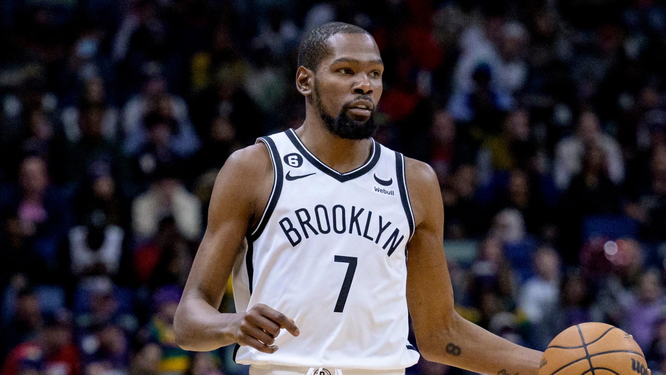 Brooklyn Nets forward Kevin Durant (7) dribbles in the first half of an NBA basketball game against the New Orleans Pelicans in New Orleans, Friday, Jan. 6, 2023. (AP Photo/Matthew Hinton)