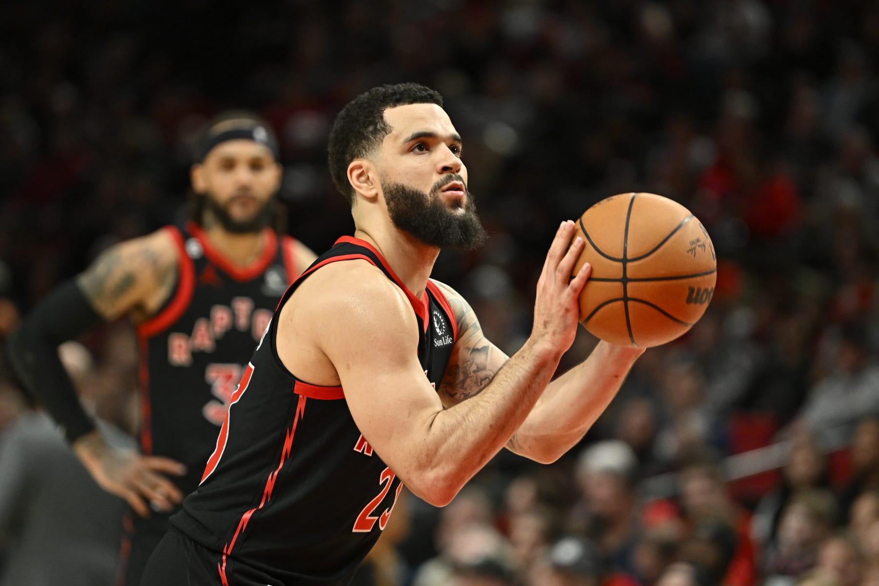 PORTLAND, OREGON - JANUARY 28: Fred VanVleet #23 of the Toronto Raptors shoots a free throw during the fourth quarter against the Portland Trail Blazers at the Moda Center on January 28, 2023 in Portland, Oregon. The Toronto Raptors won 123-105. NOTE TO USER: User expressly acknowledges and agrees that, by downloading and or using this photograph, User is consenting to the terms and conditions of the Getty Images License Agreement. (Photo by Alika Jenner/Getty Images)