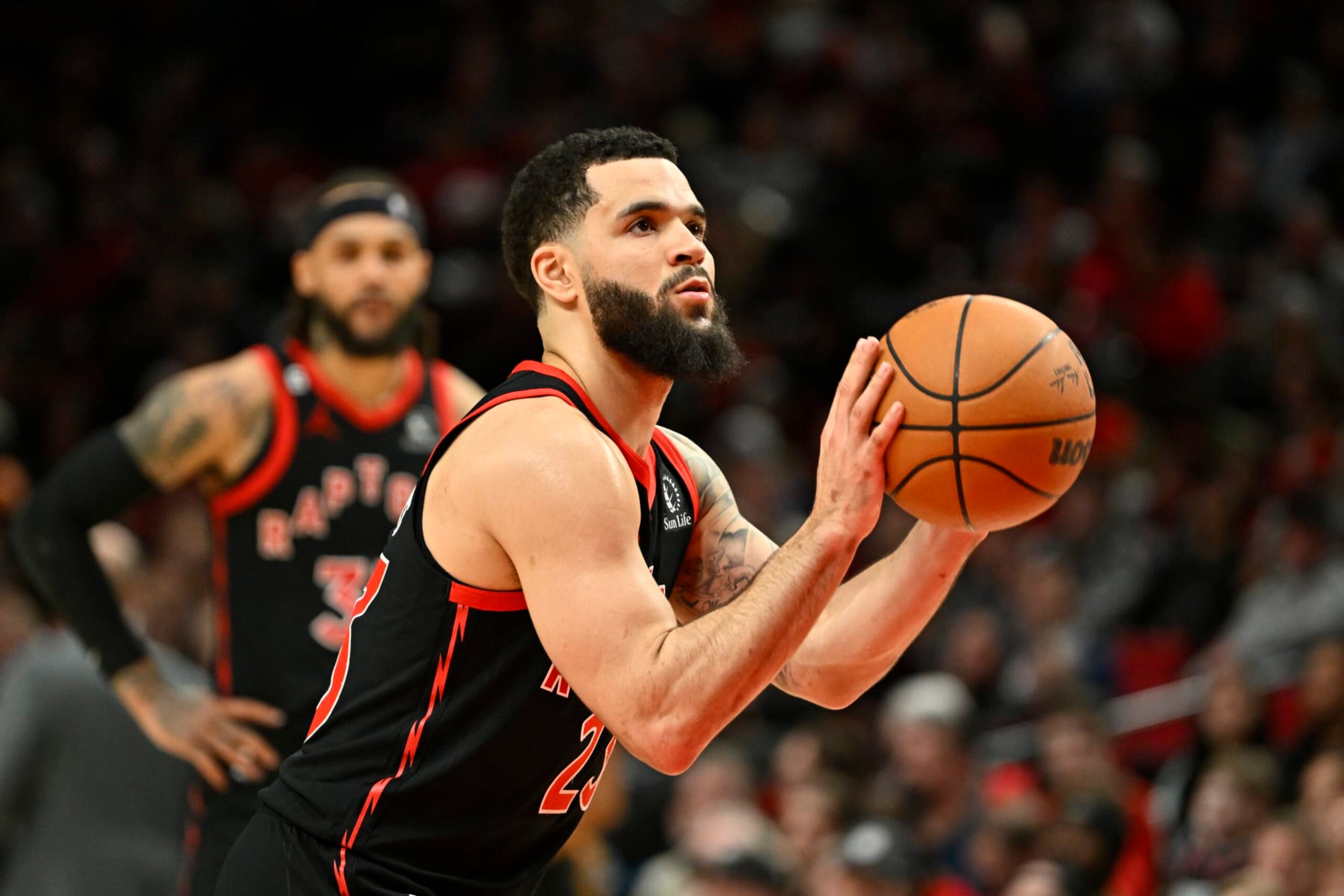 PORTLAND, OREGON - JANUARY 28: Fred VanVleet #23 of the Toronto Raptors shoots a free throw during the fourth quarter against the Portland Trail Blazers at the Moda Center on January 28, 2023 in Portland, Oregon. The Toronto Raptors won 123-105. NOTE TO USER: User expressly acknowledges and agrees that, by downloading and or using this photograph, User is consenting to the terms and conditions of the Getty Images License Agreement. (Photo by Alika Jenner/Getty Images)
