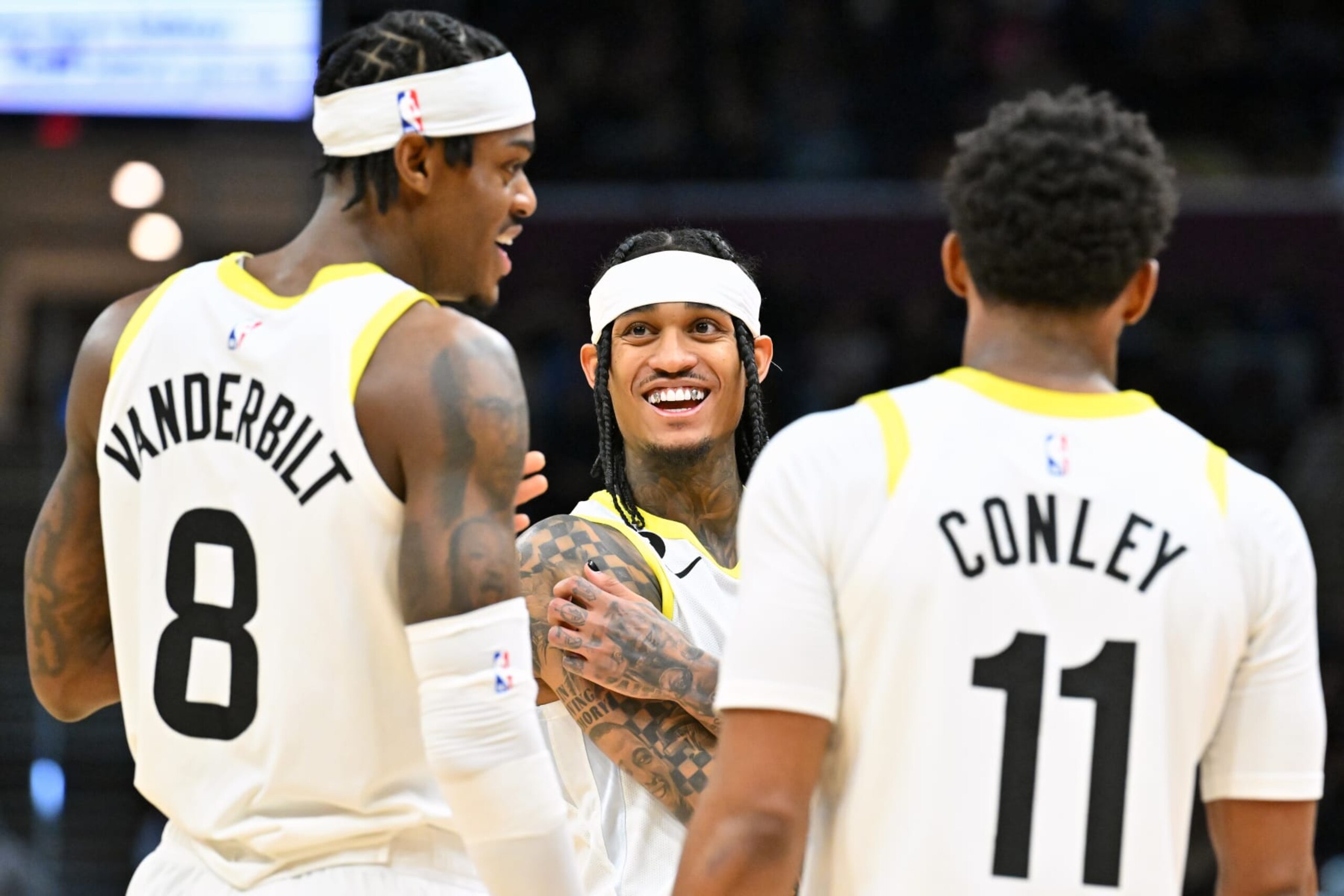 Jarred Vanderbilt, Jordan Clarkson and Mike Conley