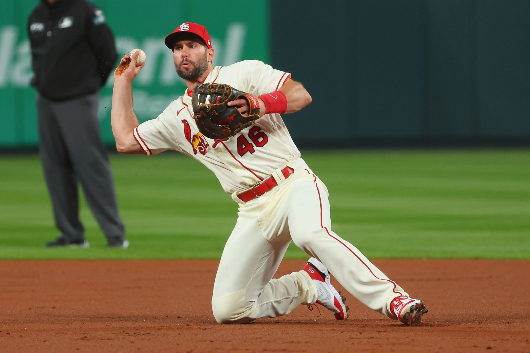 ST LOUIS, MO - OCTOBER 01: Paul Goldschmidt #46 of the St. Louis Cardinals throws to first base against the Pittsburgh Pirates in the third inning at Busch Stadium on October 1, 2022 in St Louis, Missouri. (Photo by Dilip Vishwanat/Getty Images)