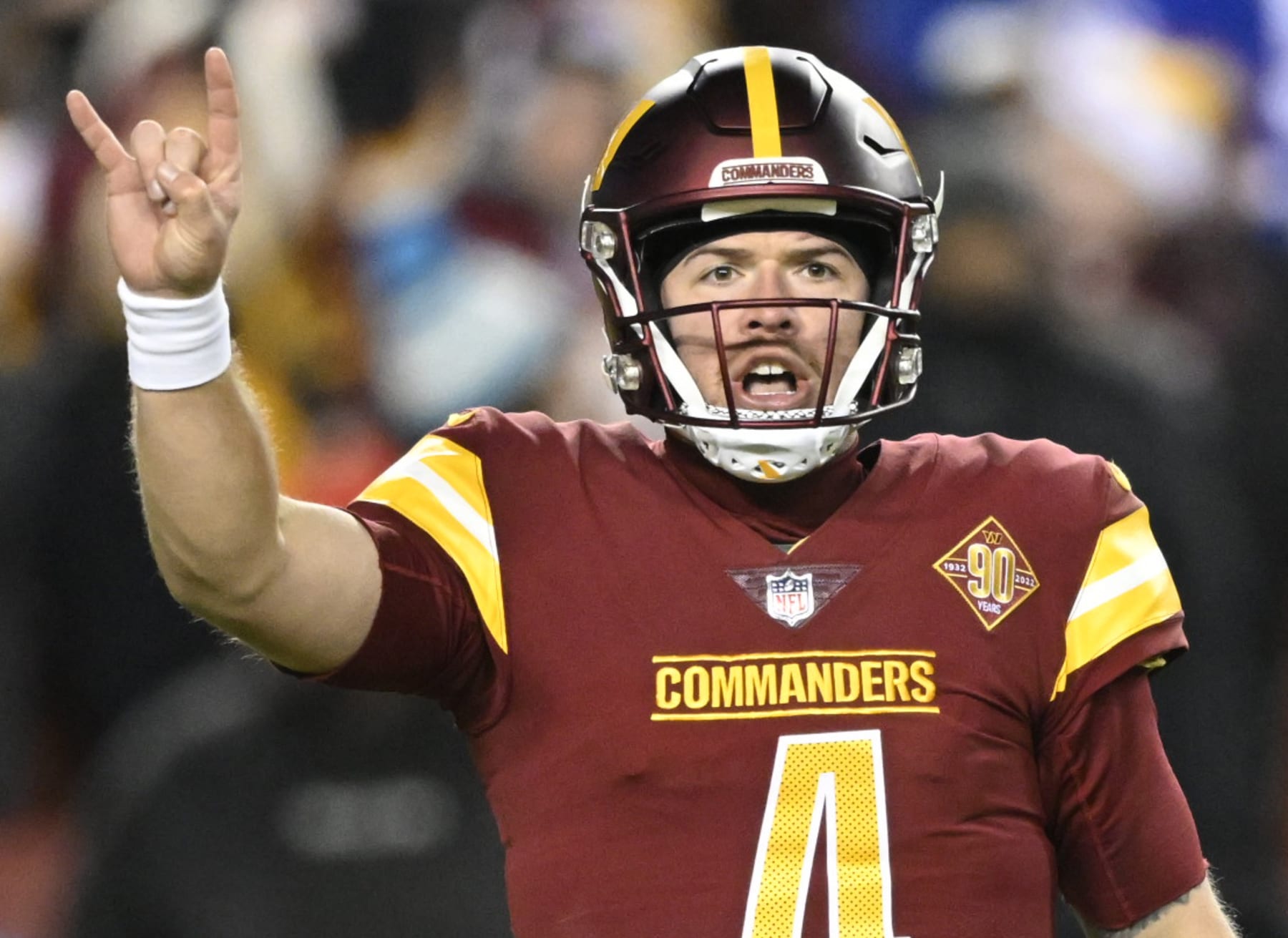 LANDOVER, MD- DECEMBER 18:  Washington Commanders quarterback Taylor Heinicke (4) during the New York Giants defat of the Washington Commanders  20-12 at FedEx Field on December 18, 2022 in Landover, MD. (Photo by John McDonnell/The Washington Post via Getty Images)