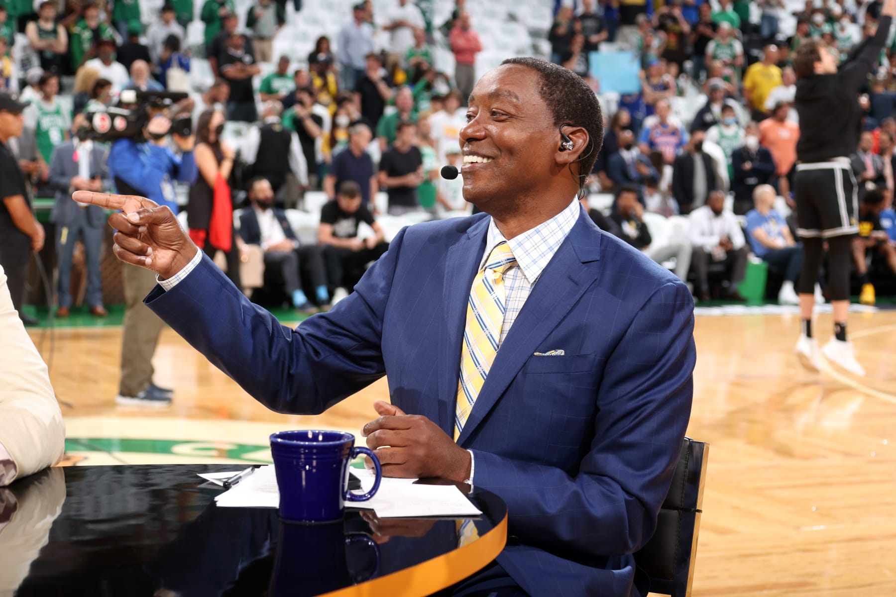 BOSTON, MA - JUNE 10: NBA TV Analyst, Isiah Thomas looks on and smiles before Game Four of the 2022 NBA Finals on June 10, 2022 at TD Garden in Boston, Massachusetts. NOTE TO USER: User expressly acknowledges and agrees that, by downloading and or using this photograph, user is consenting to the terms and conditions of Getty Images License Agreement. Mandatory Copyright Notice: Copyright 2022 NBAE (Photo by Nathaniel S. Butler/NBAE via Getty Images)