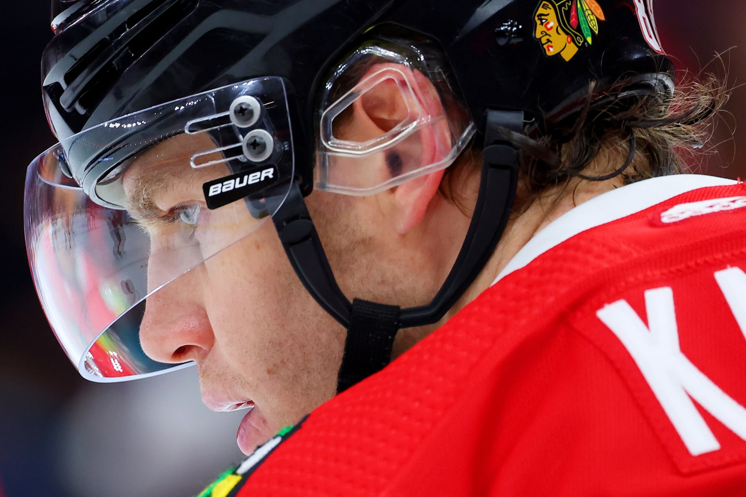 CHICAGO, ILLINOIS - FEBRUARY 07: Patrick Kane #88 of the Chicago Blackhawks looks on prior to the game against the Anaheim Ducks at United Center on February 07, 2023 in Chicago, Illinois. (Photo by Michael Reaves/Getty Images) CHICAGO, ILLINOIS - FEBRUARY 07: Patrick Kane #88 of the Chicago Blackhawks looks on prior to the game against the Anaheim Ducks at United Center on February 07, 2023 in Chicago, Illinois. (Photo by Michael Reaves/Getty Images)