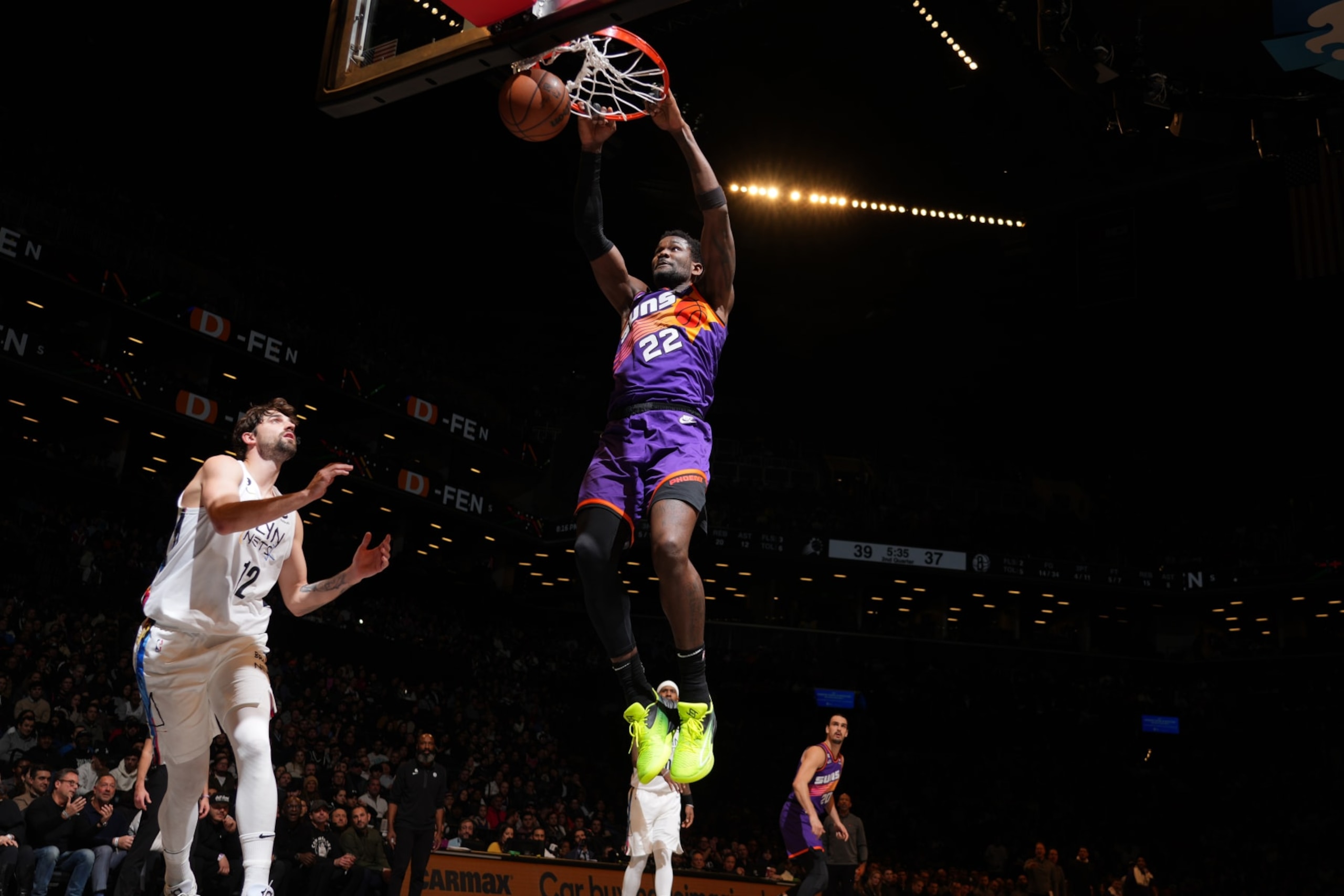 BROOKLYN, NY - FEBRUARY 7: Deandre Ayton #22 of the Phoenix Suns dunks the ball during the game against the Brooklyn Nets on February 7, 2023 at Barclays Center in Brooklyn, New York. NOTE TO USER: User expressly acknowledges and agrees that, by downloading and or using this Photograph, user is consenting to the terms and conditions of the Getty Images License Agreement. Mandatory Copyright Notice: Copyright 2023 NBAE (Photo by Jesse D. Garrabrant/NBAE via Getty Images)
