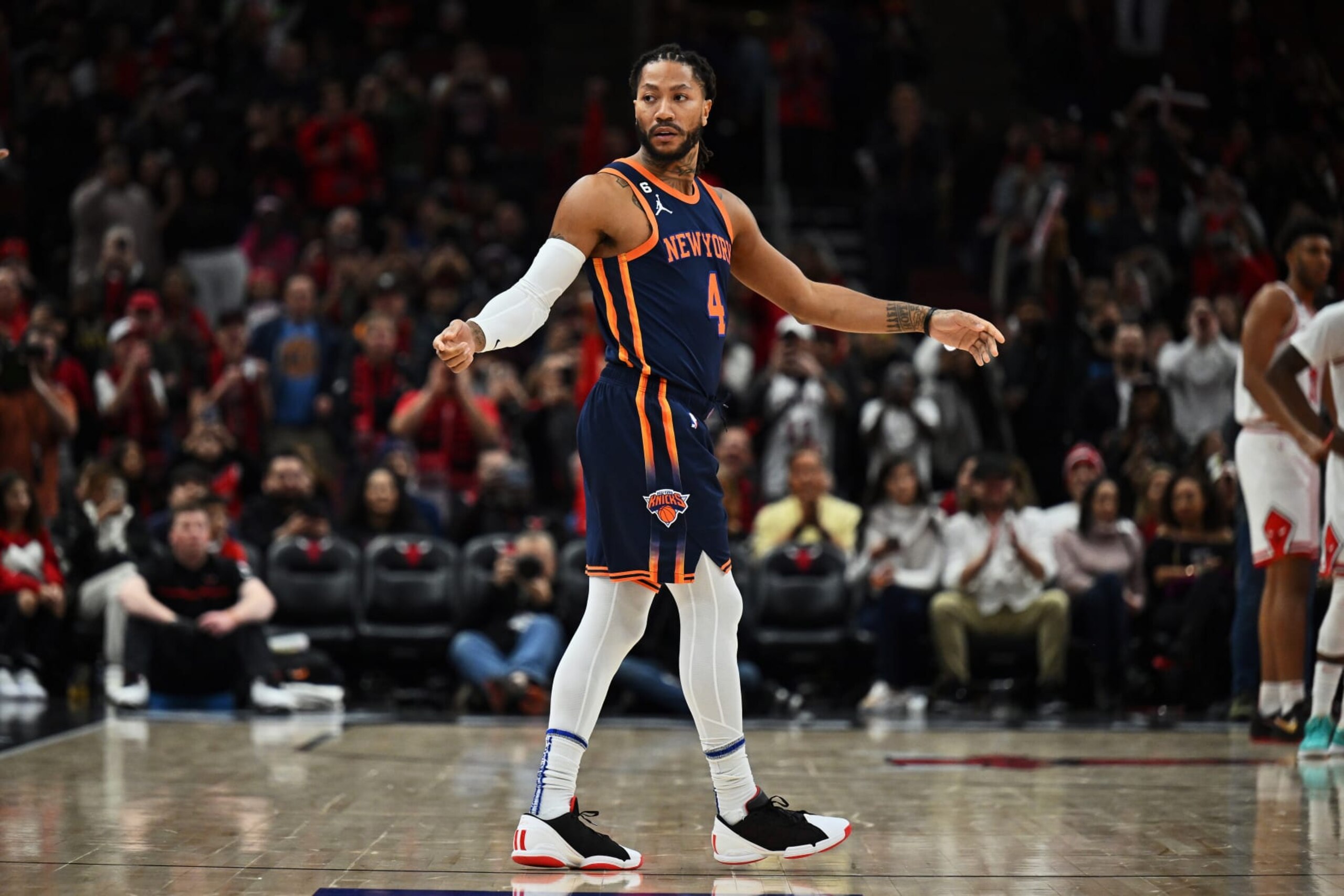 CHICAGO, ILLINOIS - DECEMBER 16:  Derrick Rose #4 of the New York Knicks enters the game against the Chicago Bulls on December 16, 2022 at the United Center in Chicago, Illinois. New York defeated Chicago 114-91.  NOTE TO USER: User expressly acknowledges and agrees that, by downloading and or using this photograph, User is consenting to the terms and conditions of the Getty Images License Agreement.  (Photo by Jamie Sabau/Getty Images)