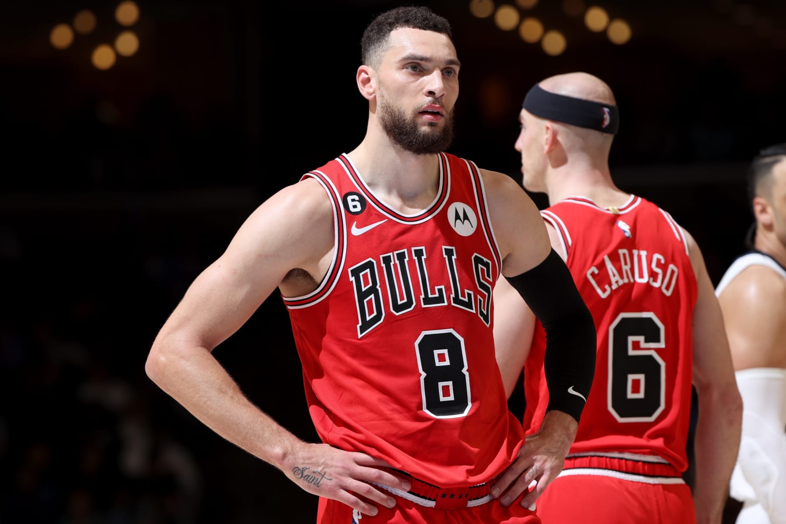 MEMPHIS, TN - FEBRUARY 7: Zach LaVine #8 of the Chicago Bulls looks on during the game against the Memphis Grizzlies on February 7, 2023 at FedExForum in Memphis, Tennessee. NOTE TO USER: User expressly acknowledges and agrees that, by downloading and or using this photograph, User is consenting to the terms and conditions of the Getty Images License Agreement. Mandatory Copyright Notice: Copyright 2023 NBAE (Photo by Joe Murphy/NBAE via Getty Images)