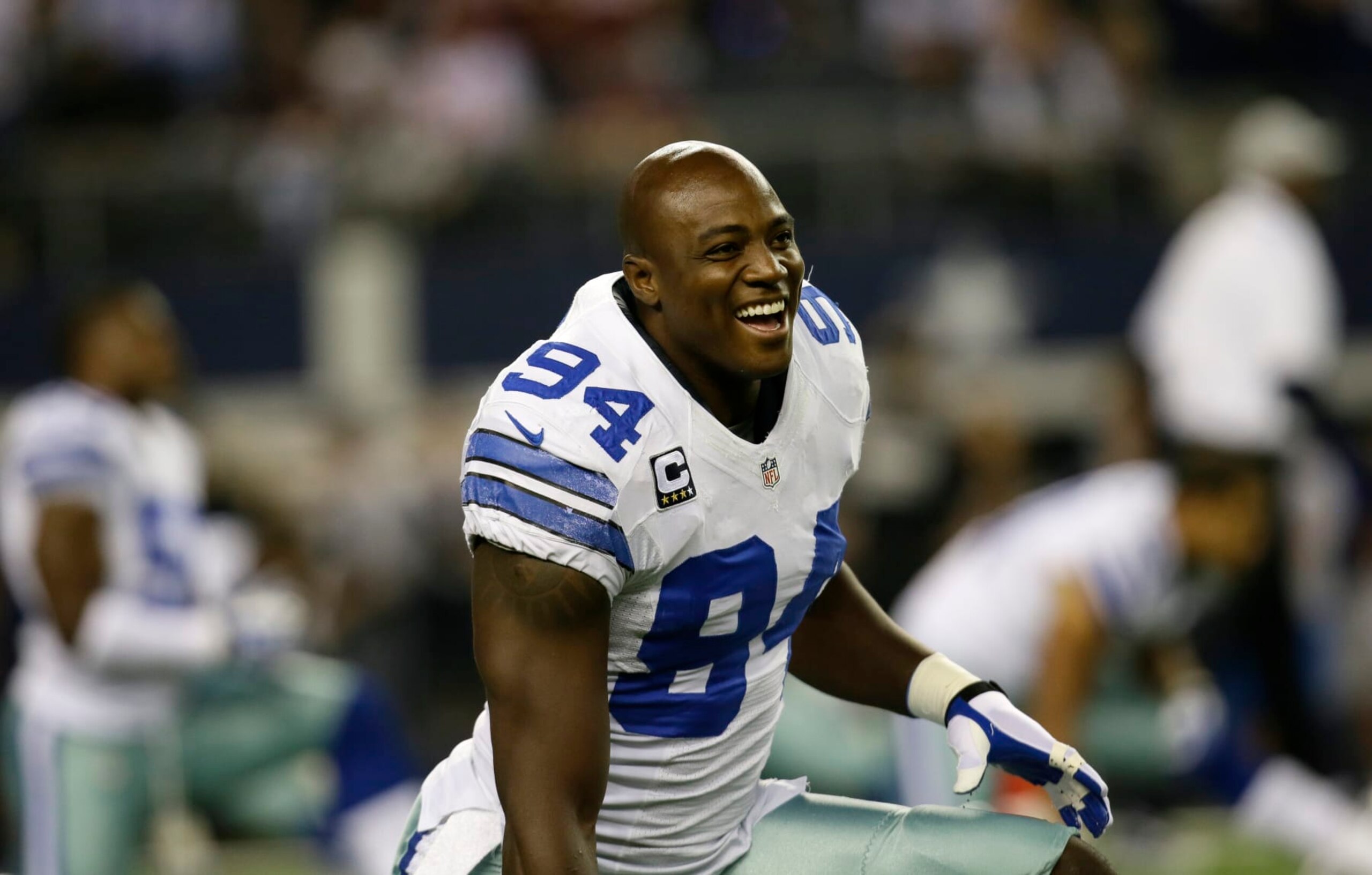 Dallas Cowboys defensive end DeMarcus Ware (94) warms up before an NFL football game against the Washington Redskins Sunday, Oct. 13, 2013, in Arlington, Texas. (AP Photo/Tim Sharp)