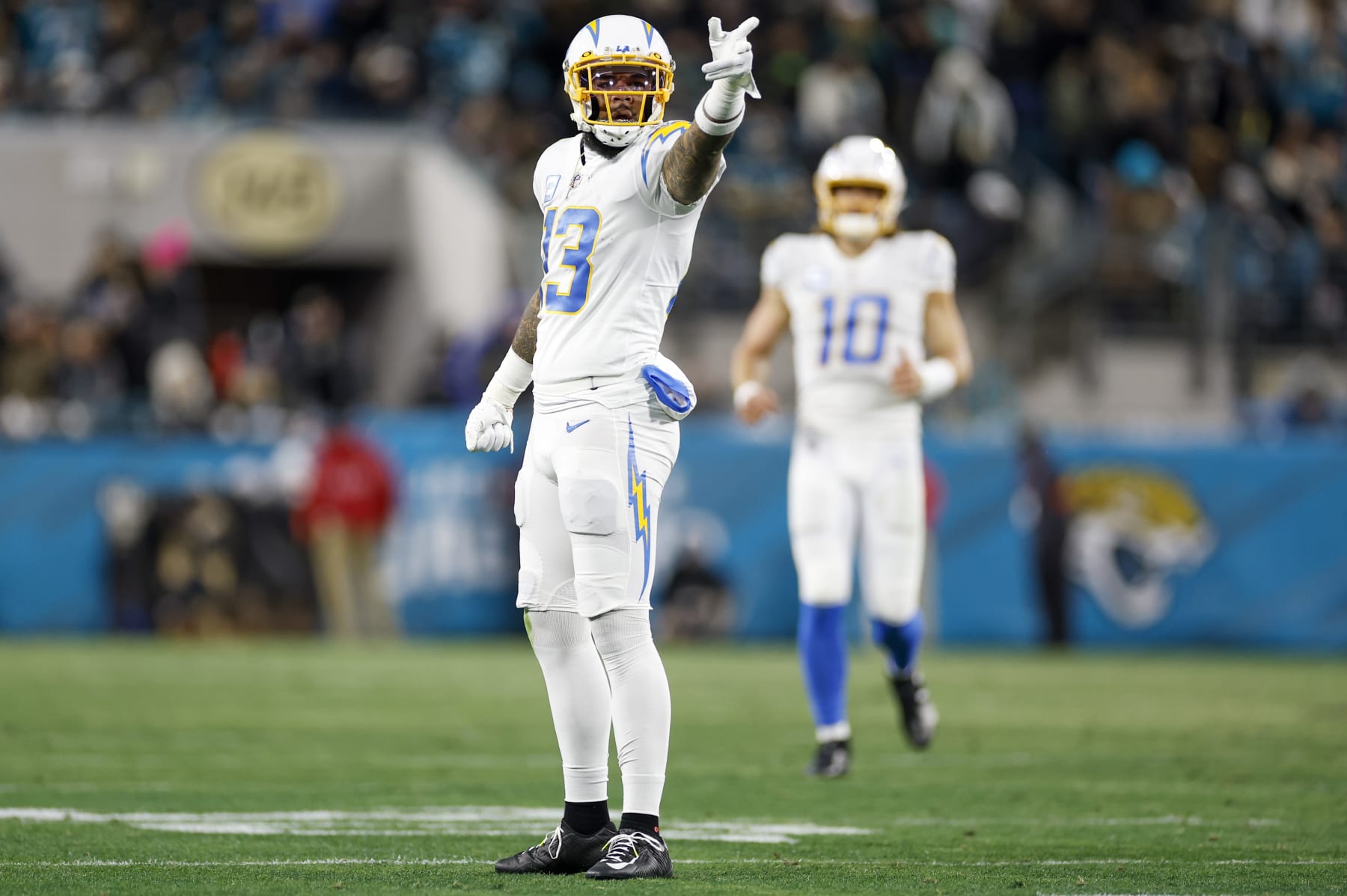 JACKSONVILLE, FL - JANUARY 14: Los Angeles Chargers wide receiver Keenan Allen (13) reacts after a play during the game between the Los Angeles Chargers and the Jacksonville Jaguars on January 14, 2023 at TIAA Bank Field in Jacksonville, Fl. (Photo by David Rosenblum/Icon Sportswire via Getty Images)