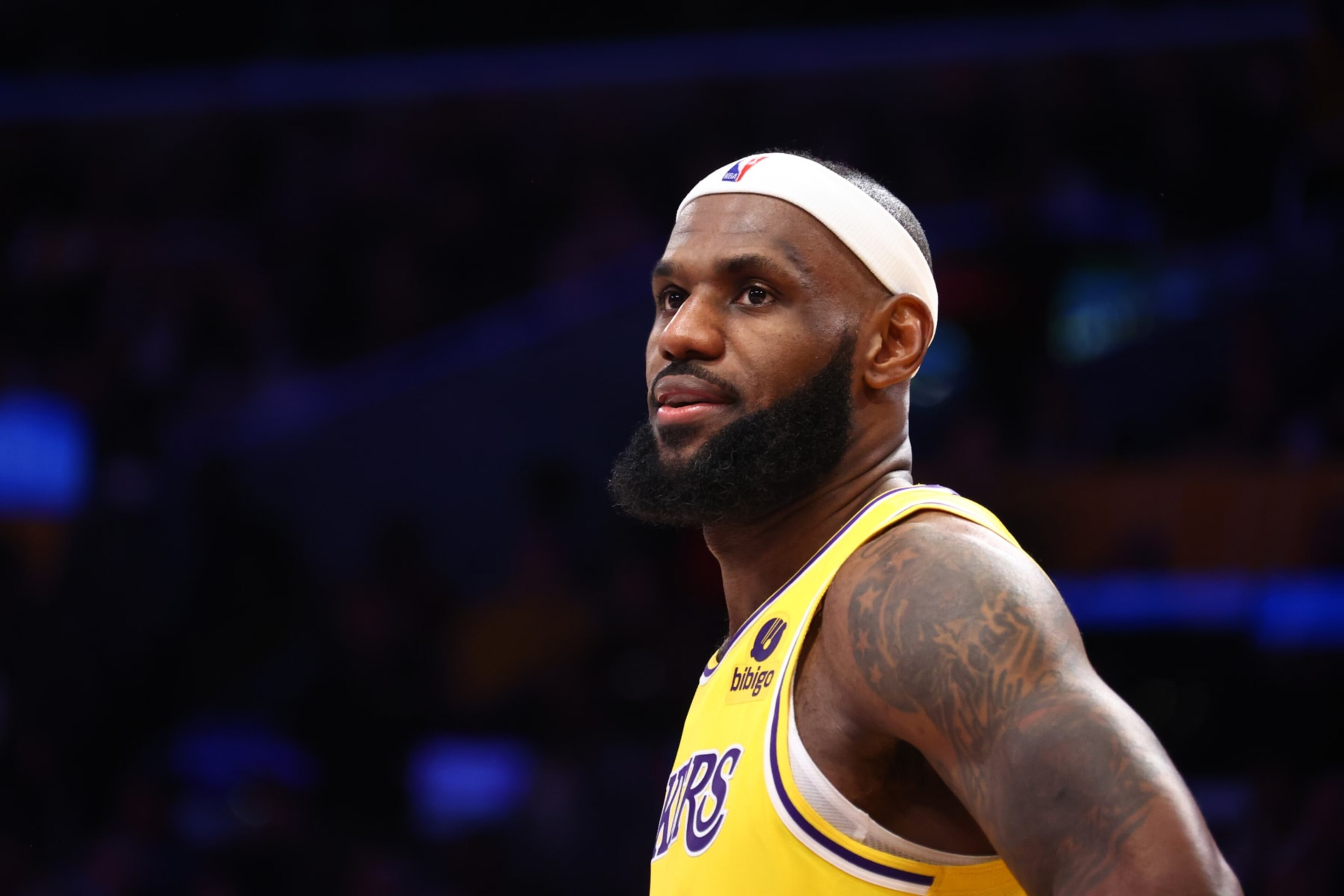 LOS ANGELES, CA - FEBRUARY 7: LeBron James #6 of the Los Angeles Lakers looks on during the game against the Oklahoma City Thunder on February 7, 2023 at Crypto.Com Arena in Los Angeles, California. NOTE TO USER: User expressly acknowledges and agrees that, by downloading and/or using this Photograph, user is consenting to the terms and conditions of the Getty Images License Agreement. Mandatory Copyright Notice: Copyright 2023 NBAE (Photo by Nathaniel S. Butler/NBAE via Getty Images) LOS ANGELES, CA - FEBRUARY 7: LeBron James #6 of the Los Angeles Lakers looks on during the game against the Oklahoma City Thunder on February 7, 2023 at Crypto.Com Arena in Los Angeles, California. NOTE TO USER: User expressly acknowledges and agrees that, by downloading and/or using this Photograph, user is consenting to the terms and conditions of the Getty Images License Agreement. Mandatory Copyright Notice: Copyright 2023 NBAE (Photo by Nathaniel S. Butler/NBAE via Getty Images)